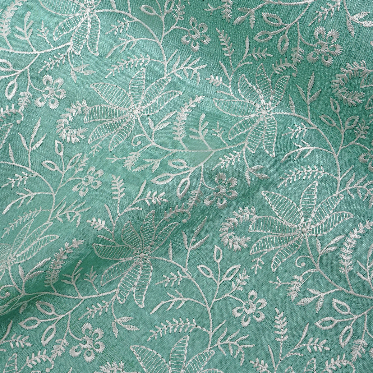 Green Floral Jaal Thread Work Tussar Silk Fabric