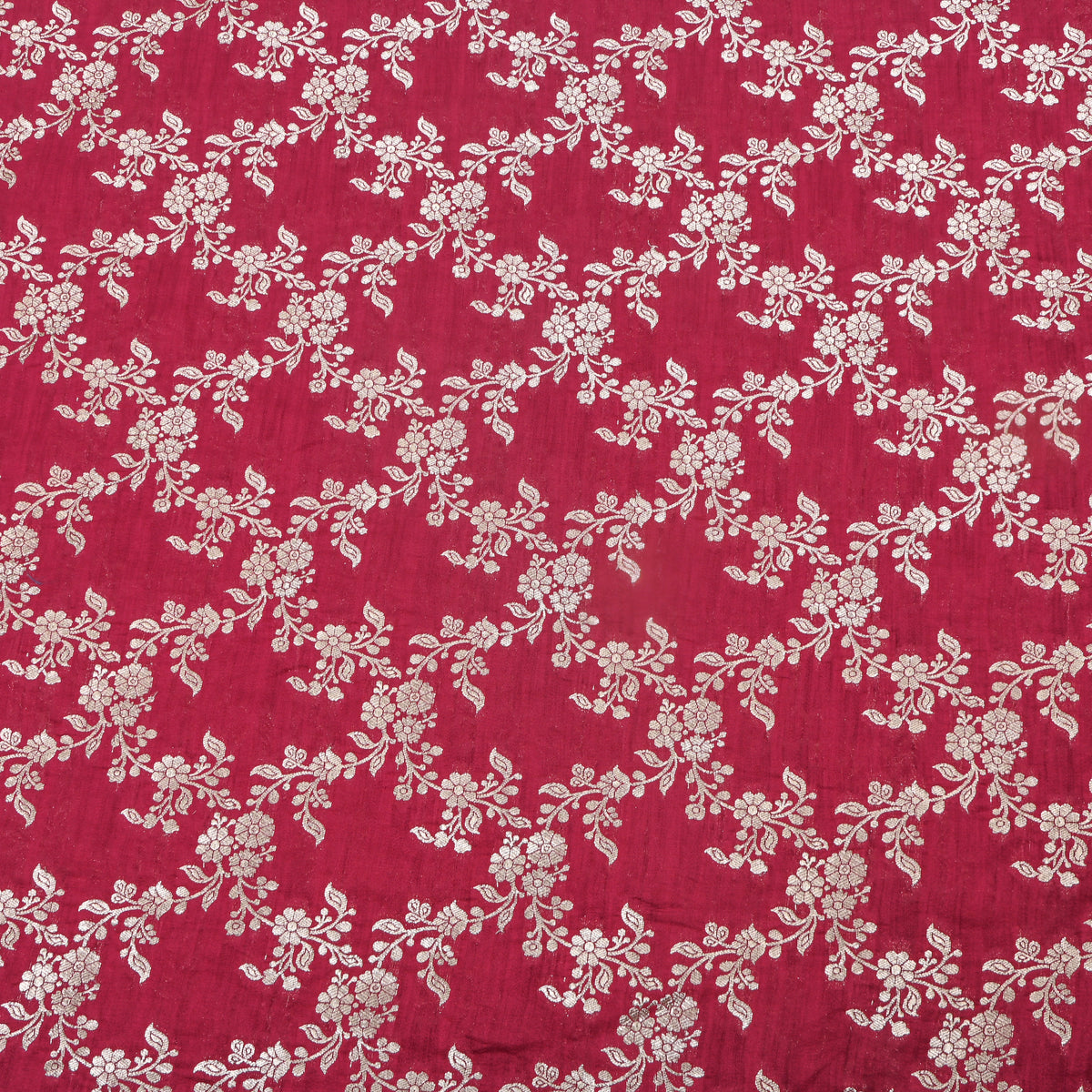 Crimson Red Floral Checks Banarasi Silk Fabric