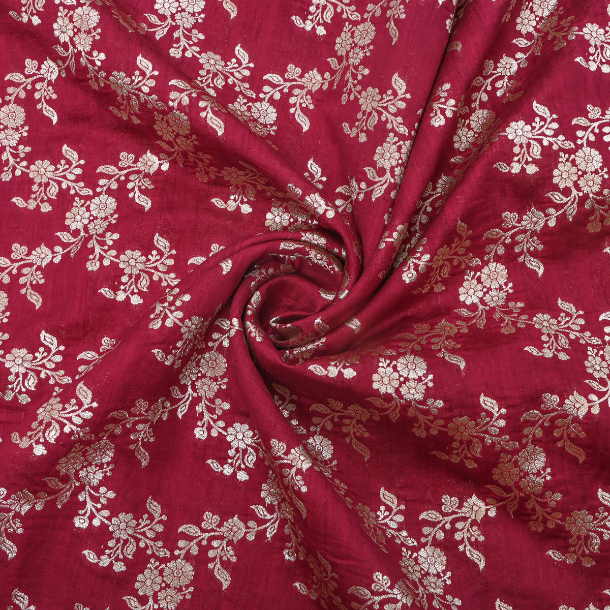 Crimson Red Floral Checks Banarasi Silk Fabric