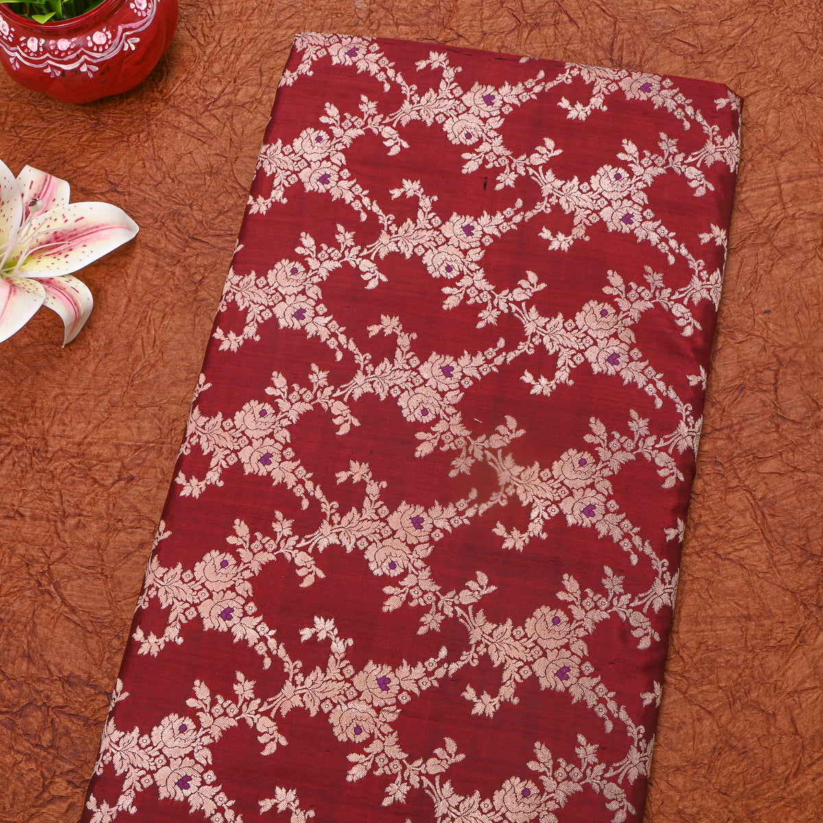 Deep Maroon Jamawar Silk With Gold Floral Trellis
