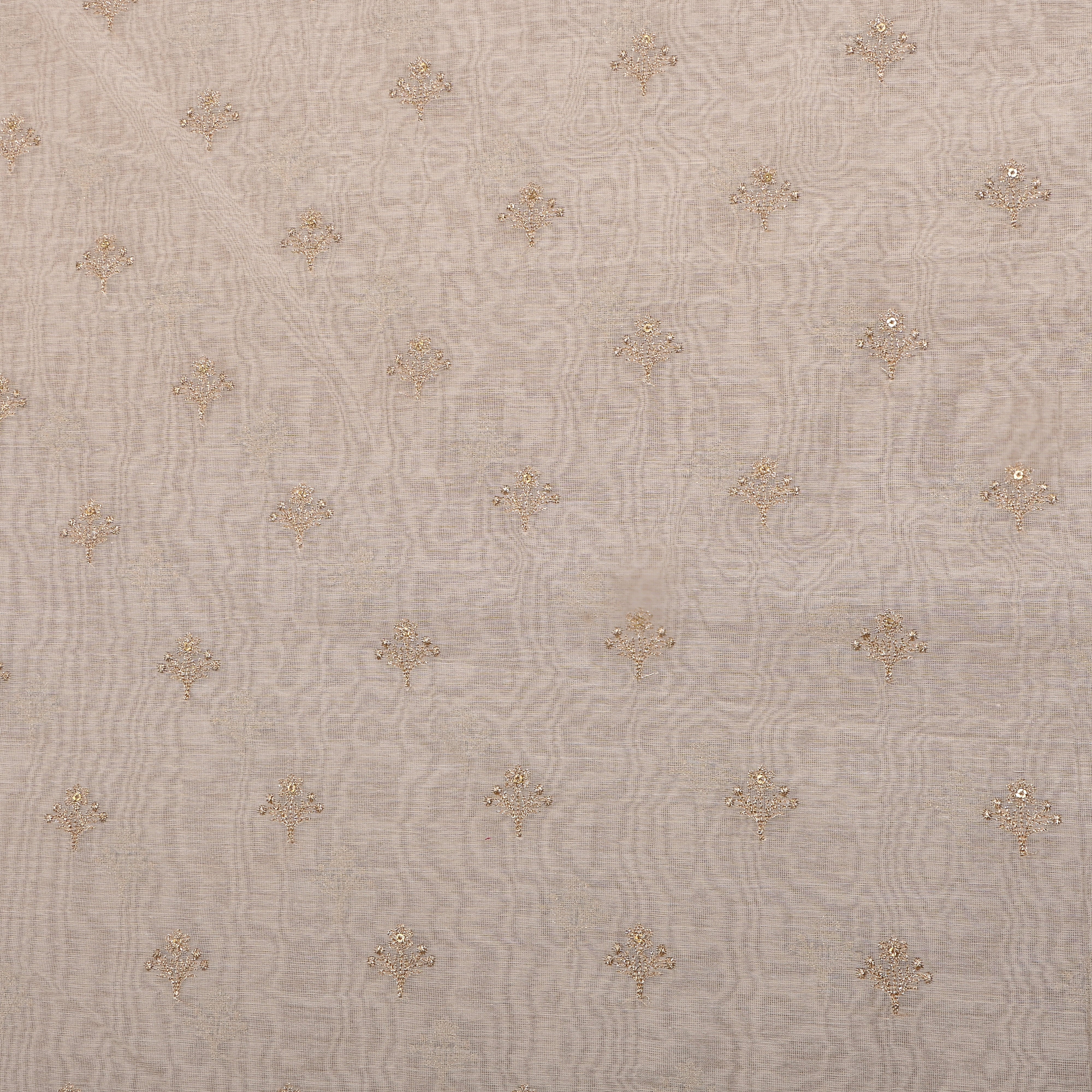 White Chanderi Fabric With Scattered Gold Buttis