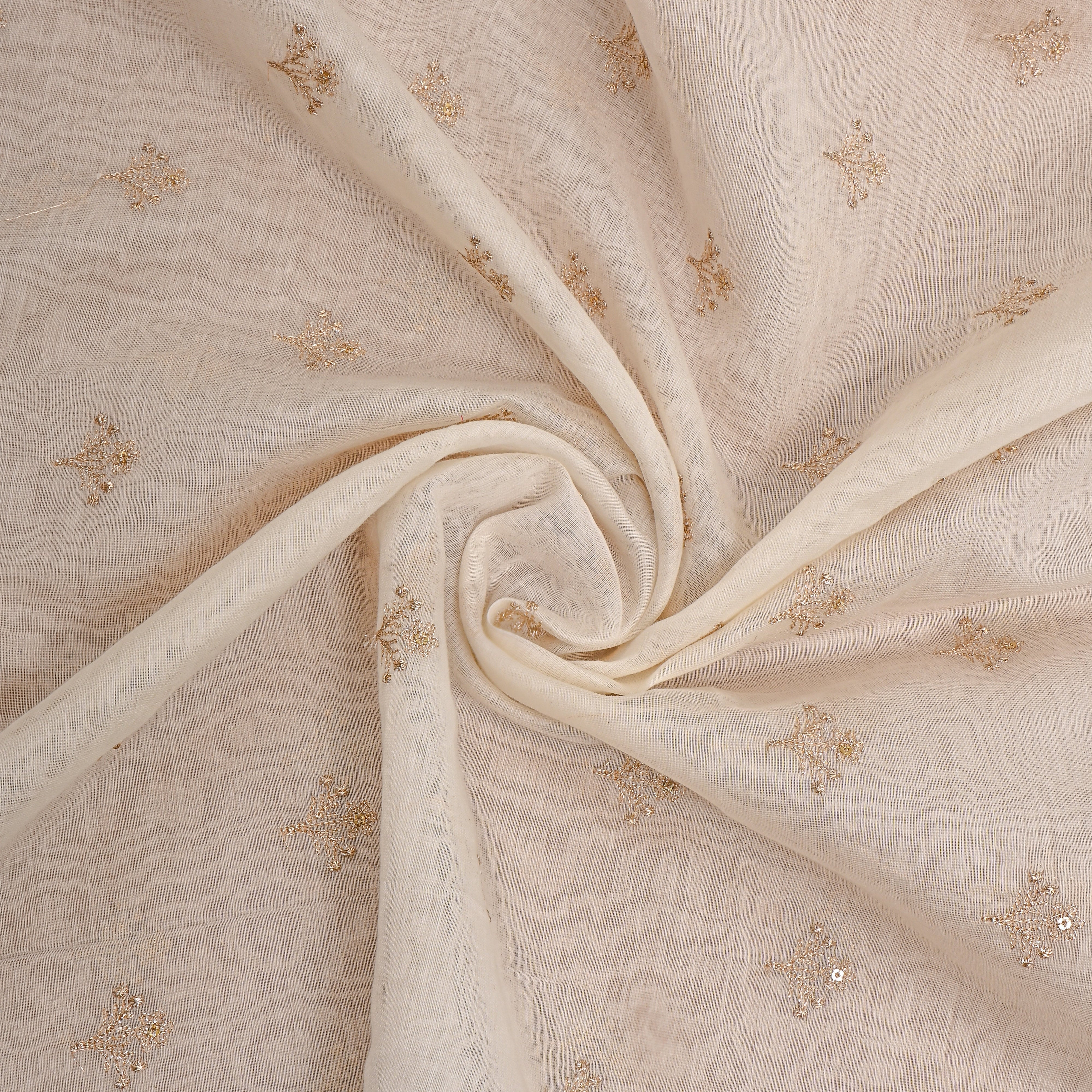 White Chanderi Fabric With Scattered Gold Buttis