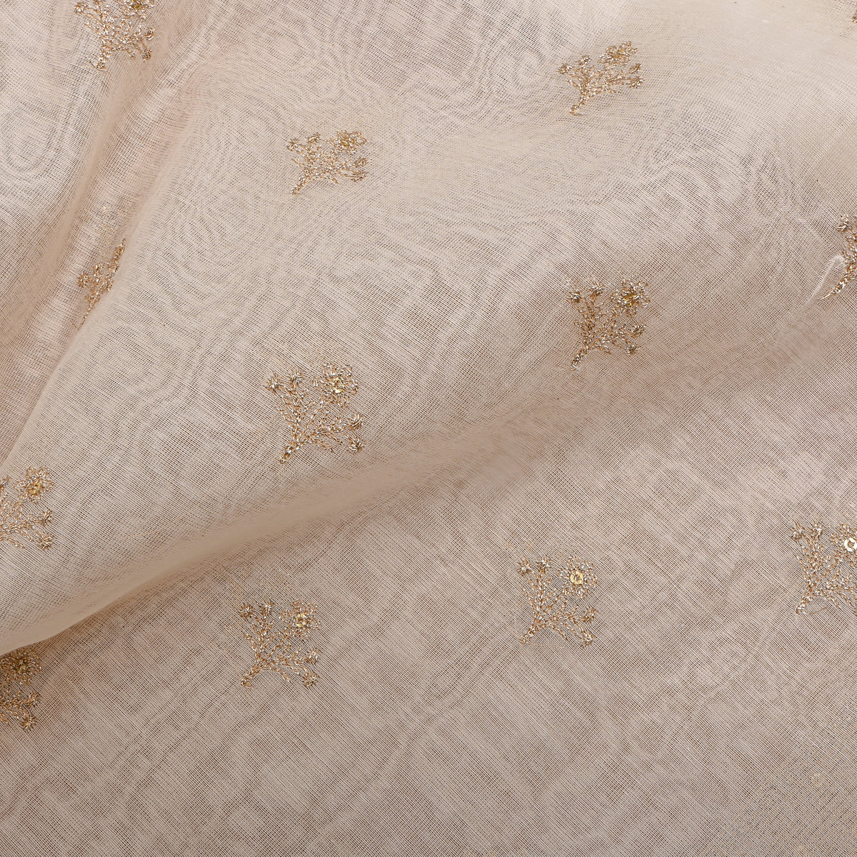White Chanderi Fabric With Scattered Gold Buttis