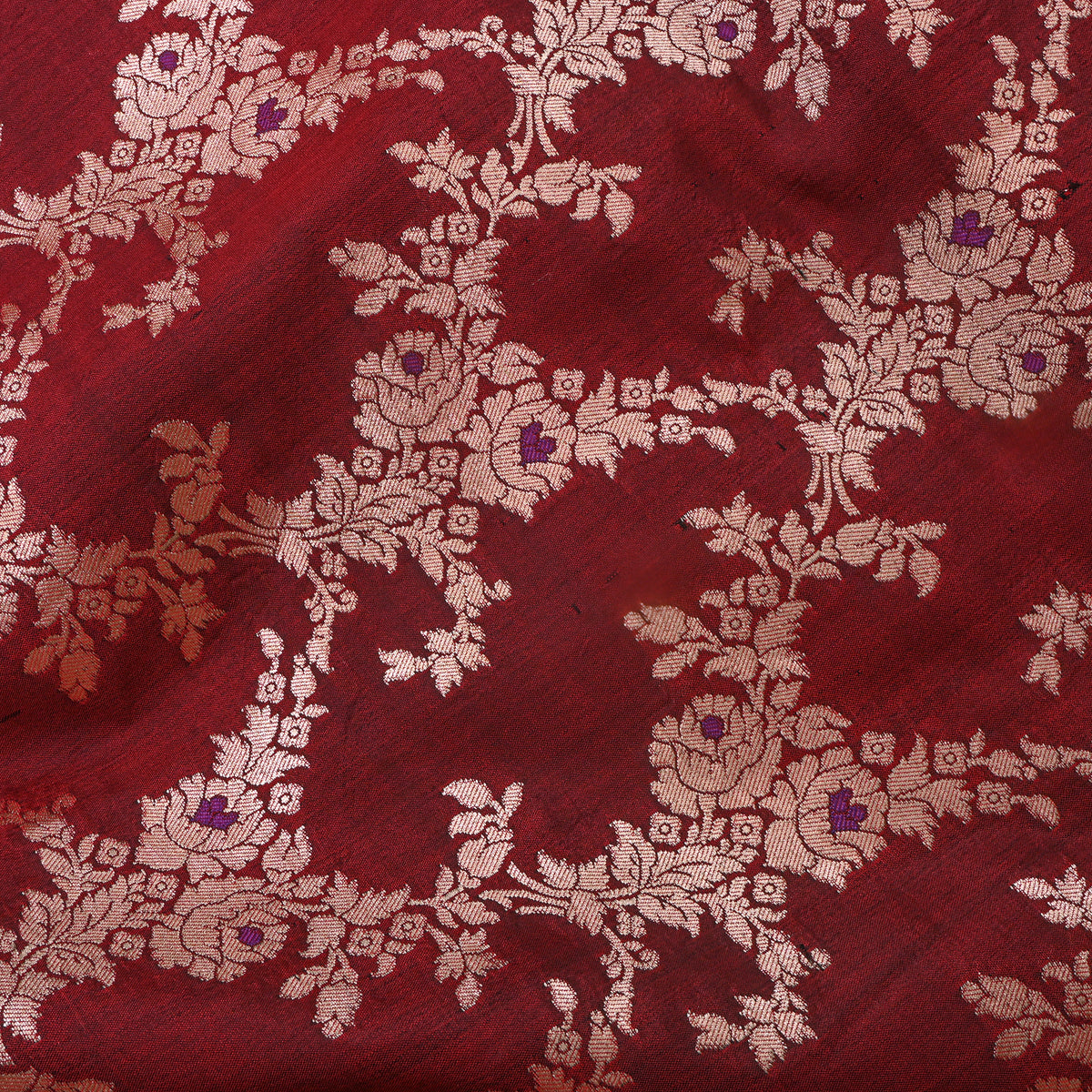 Deep Maroon Jamawar Silk With Gold Floral Trellis