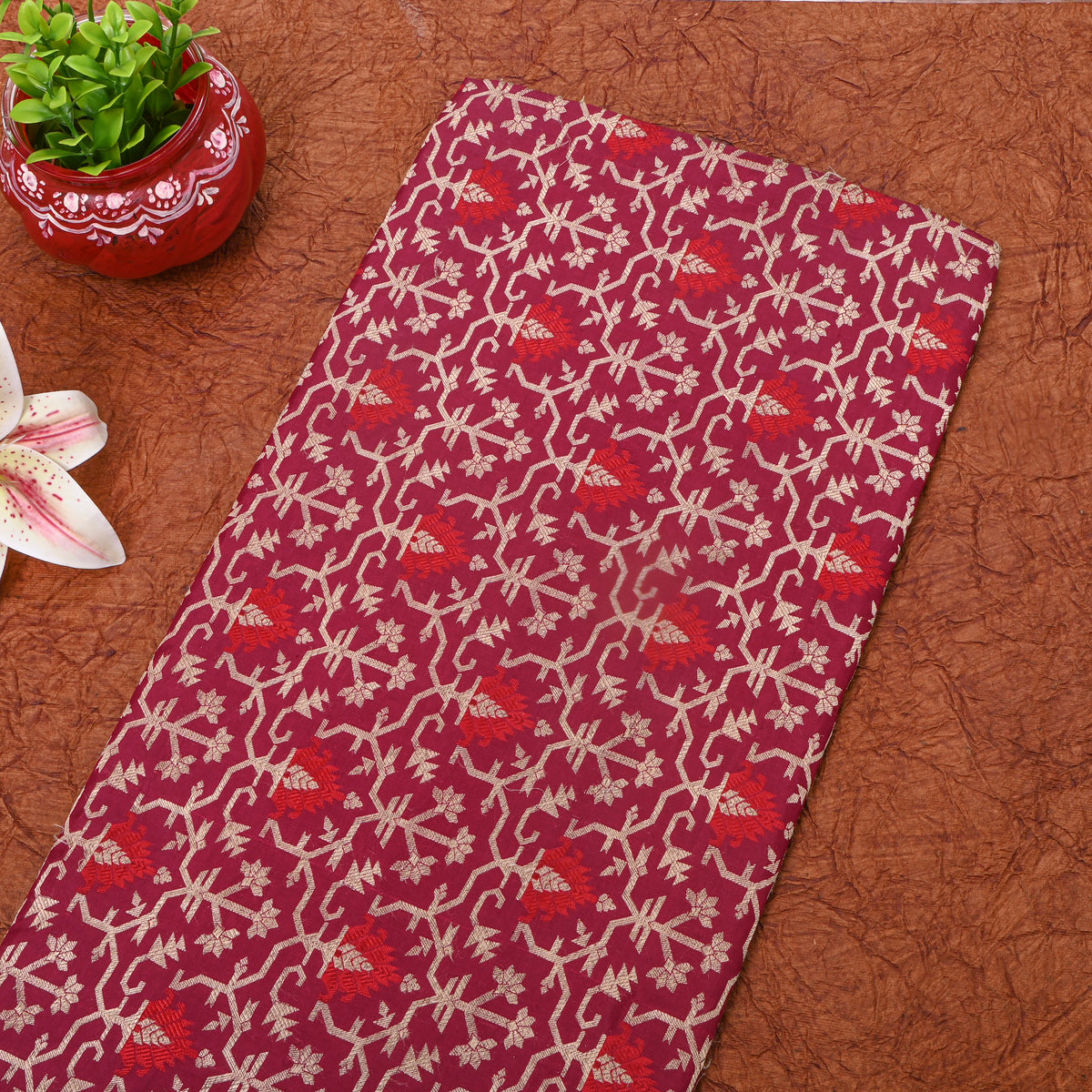 Ruby Red With Gold Geometric Banarasi  Silk Fabric