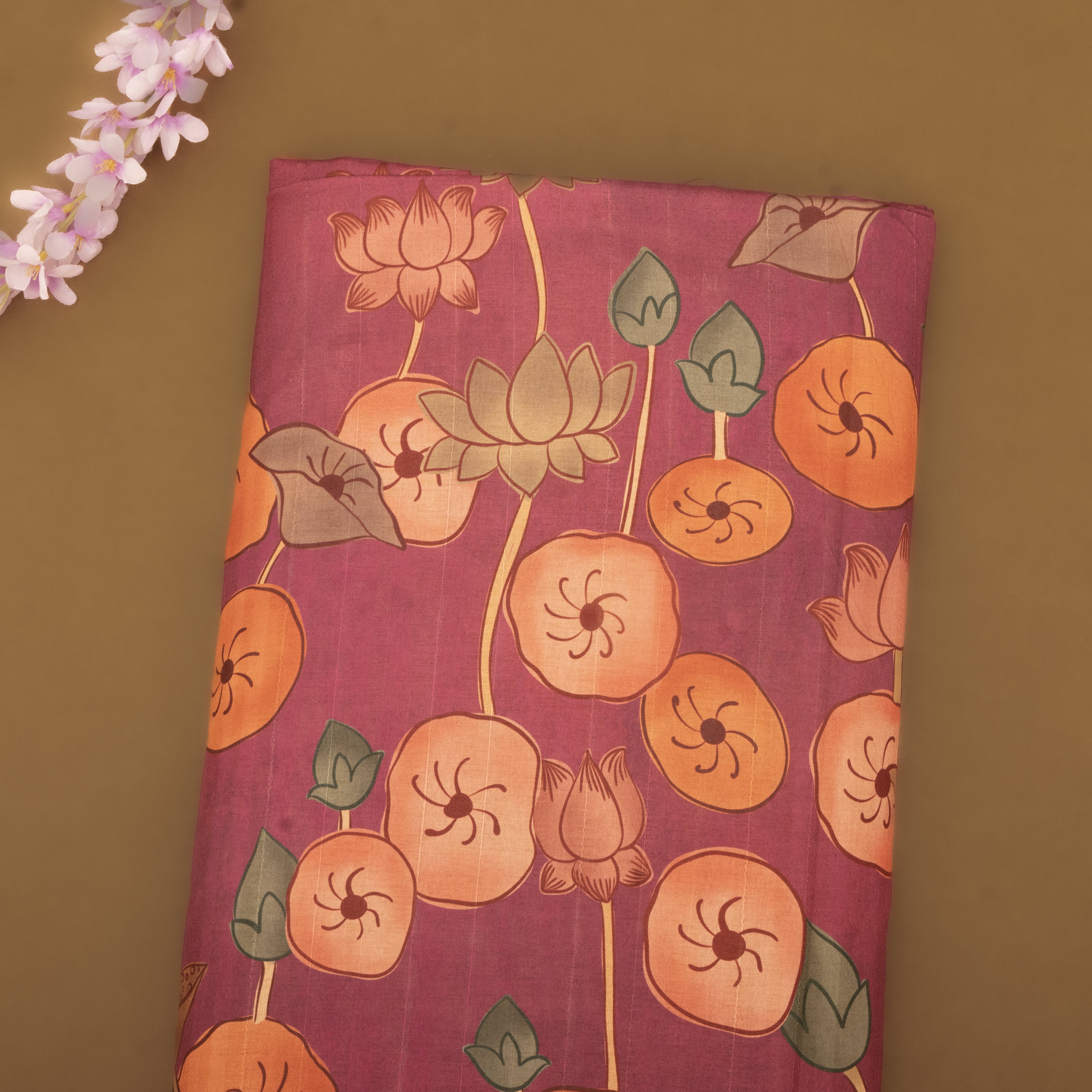 Hibiscus Red Floral Printed Tussar Fabric