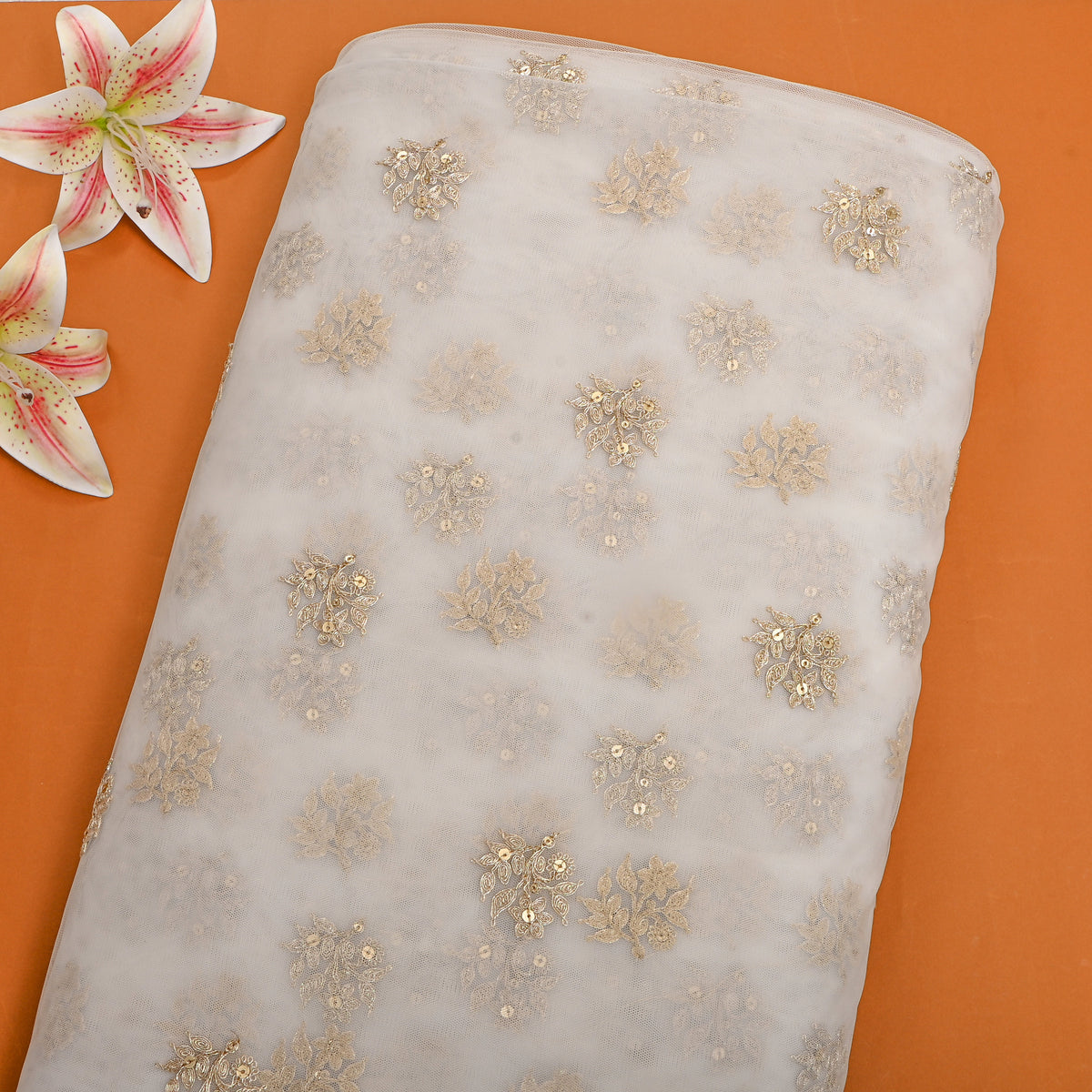 Cream Gold Zari Butti Net Fabric