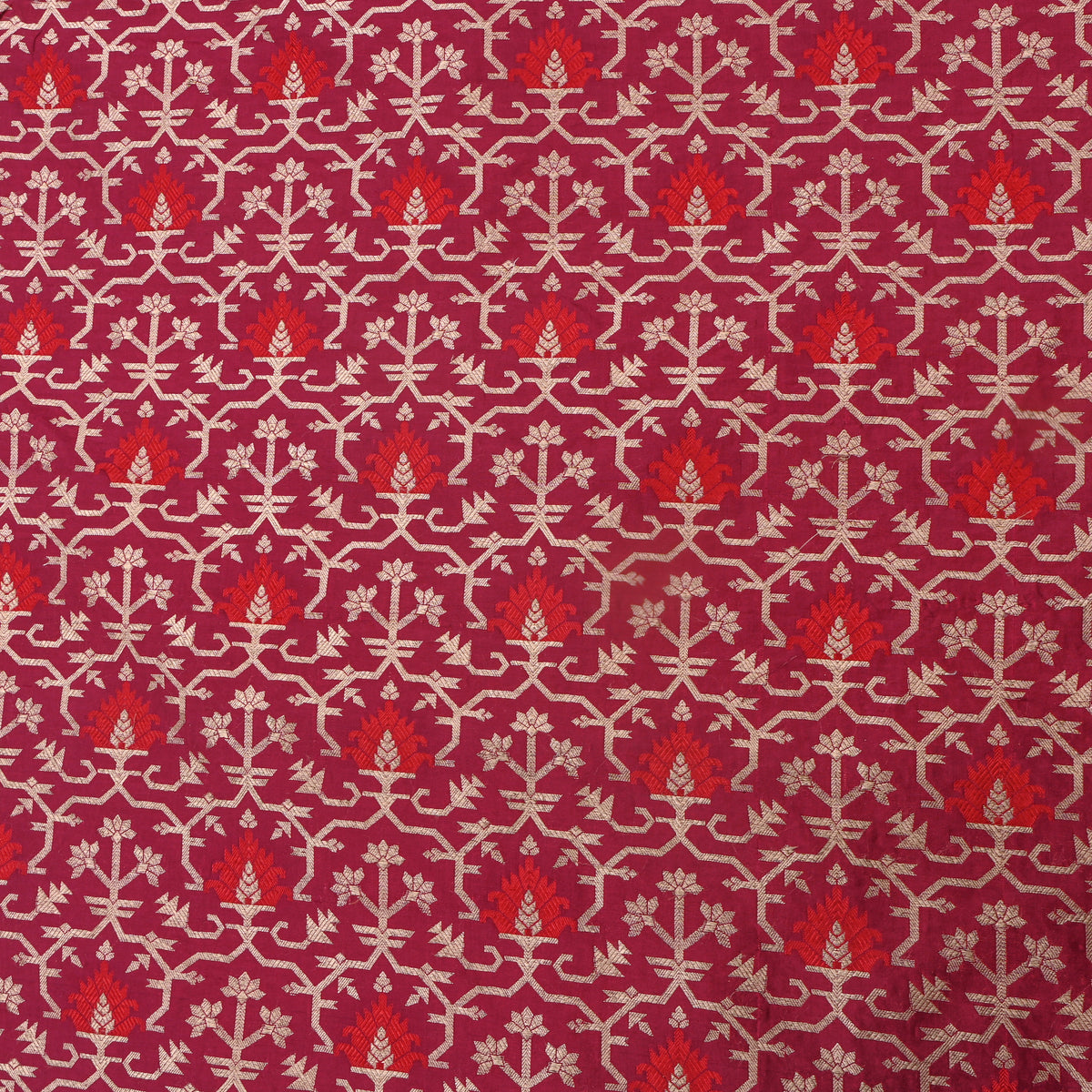 Ruby Red With Gold Geometric Banarasi  Silk Fabric