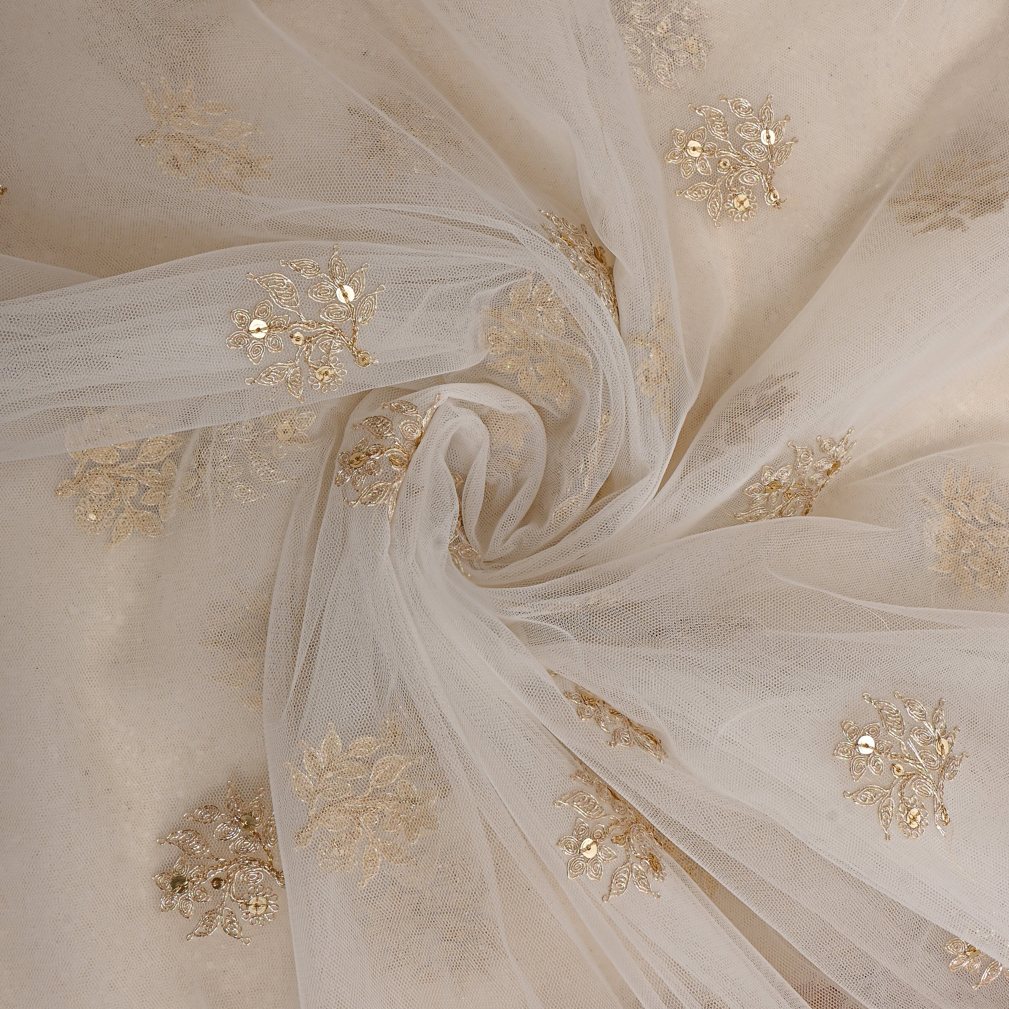 Cream Gold Zari Butti Net Fabric
