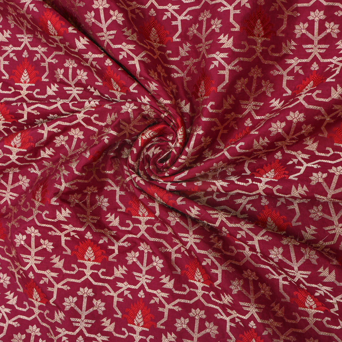 Ruby Red With Gold Geometric Banarasi  Silk Fabric