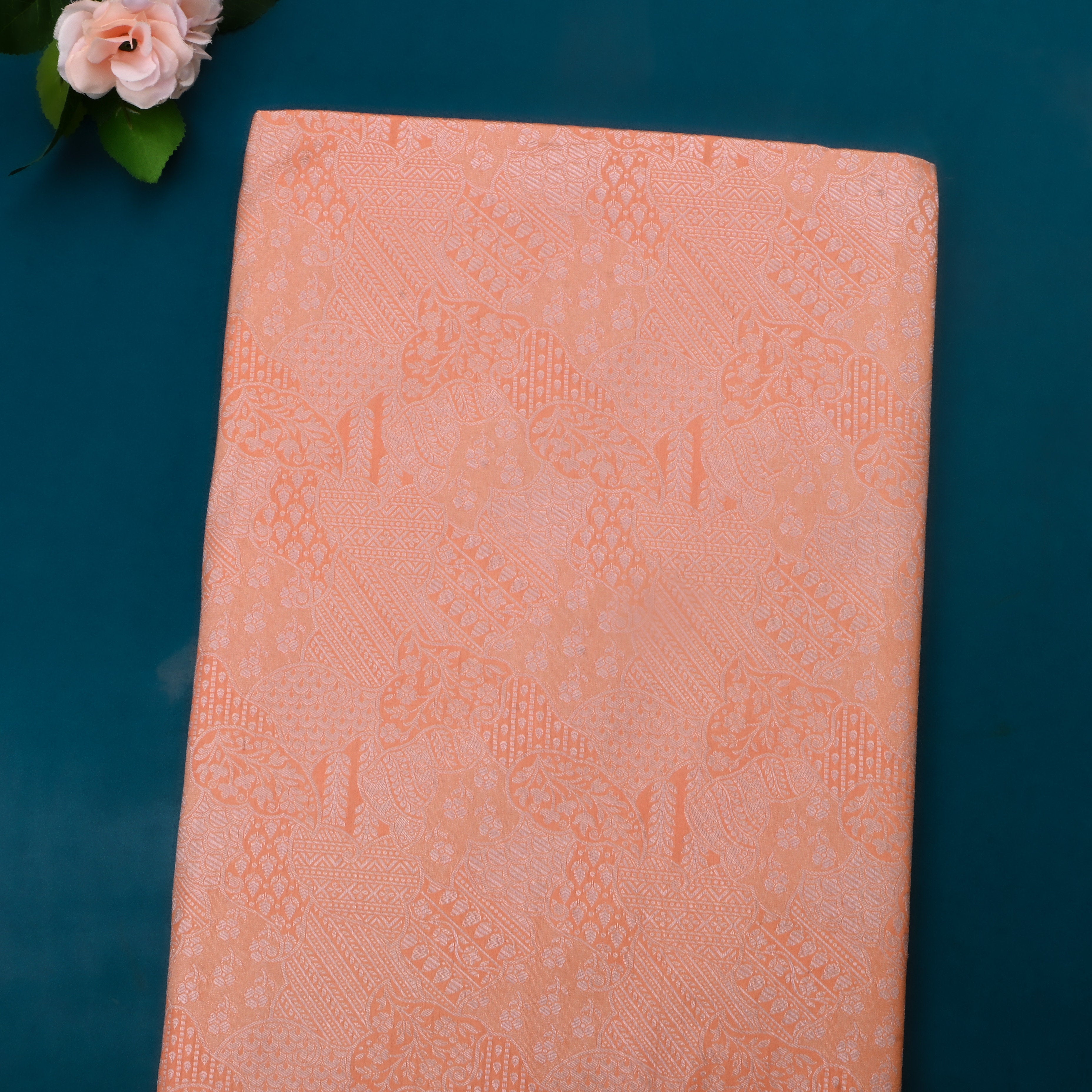 Creamy Peach Jamawar Tissue Fabric With Intricate Design