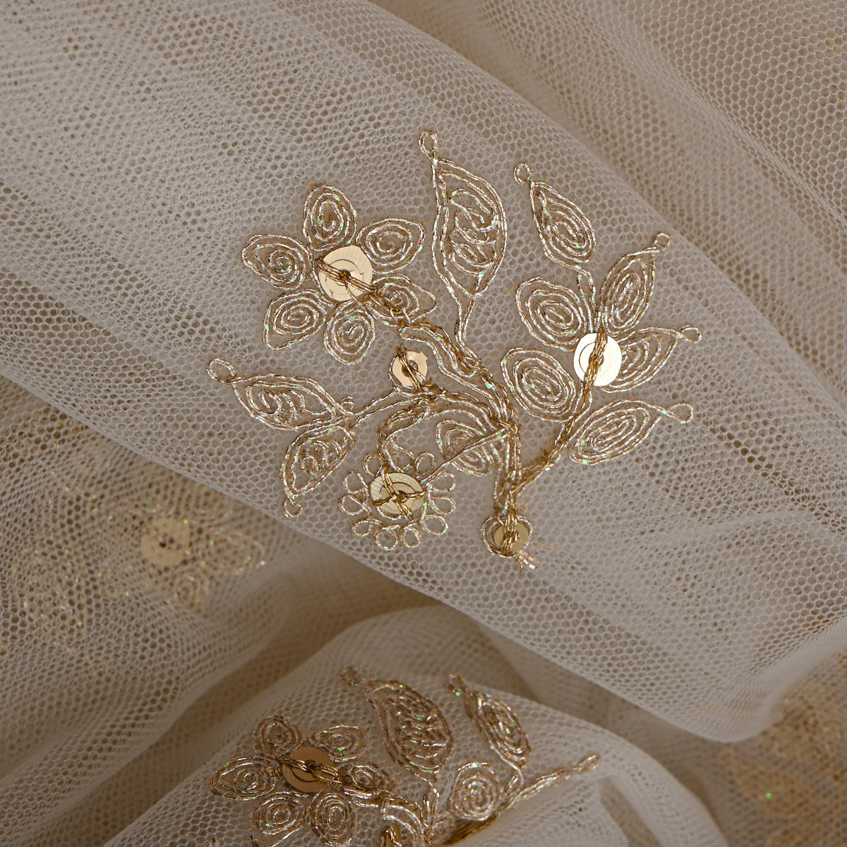 Cream Gold Zari Butti Net Fabric