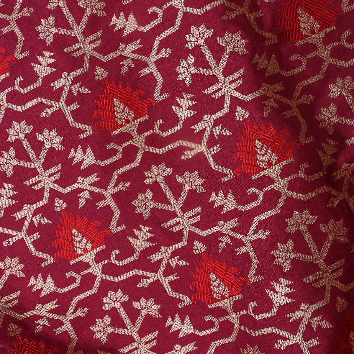 Ruby Red With Gold Geometric Banarasi  Silk Fabric