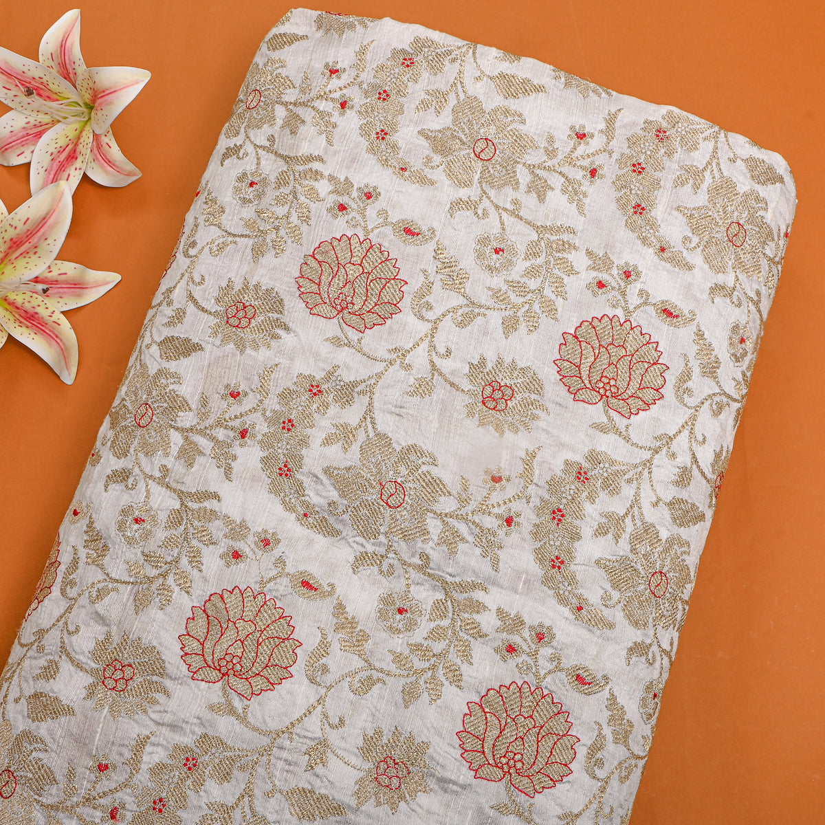 White Gold Zari Jaal Raw Silk Fabric