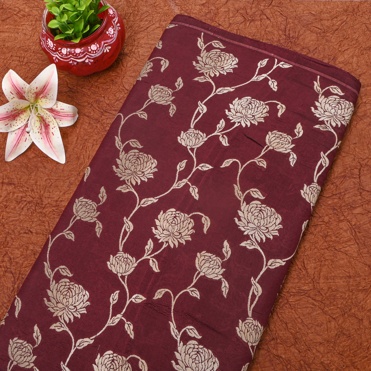 Brown Banarasi Silk Floral Jaal Fabric