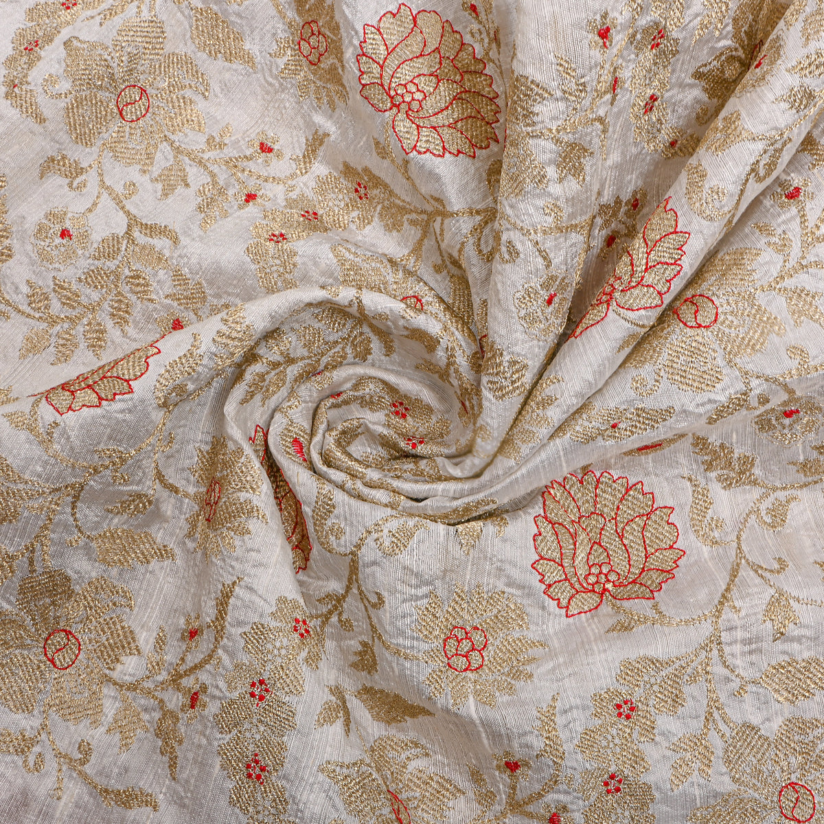White Gold Zari Jaal Raw Silk Fabric