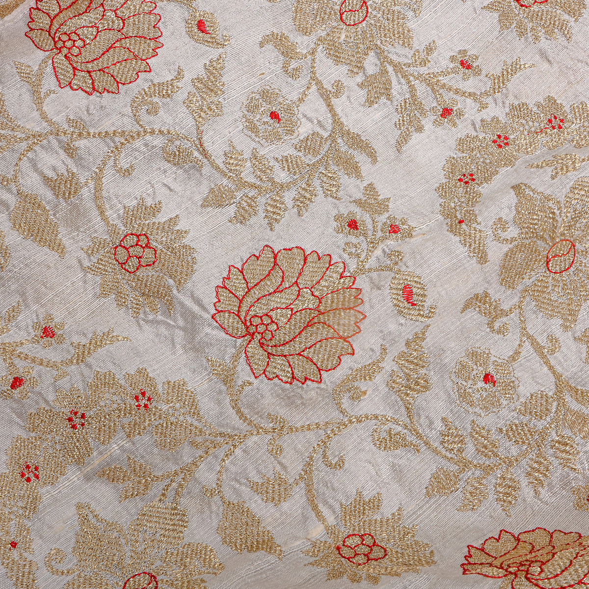 White Gold Zari Jaal Raw Silk Fabric