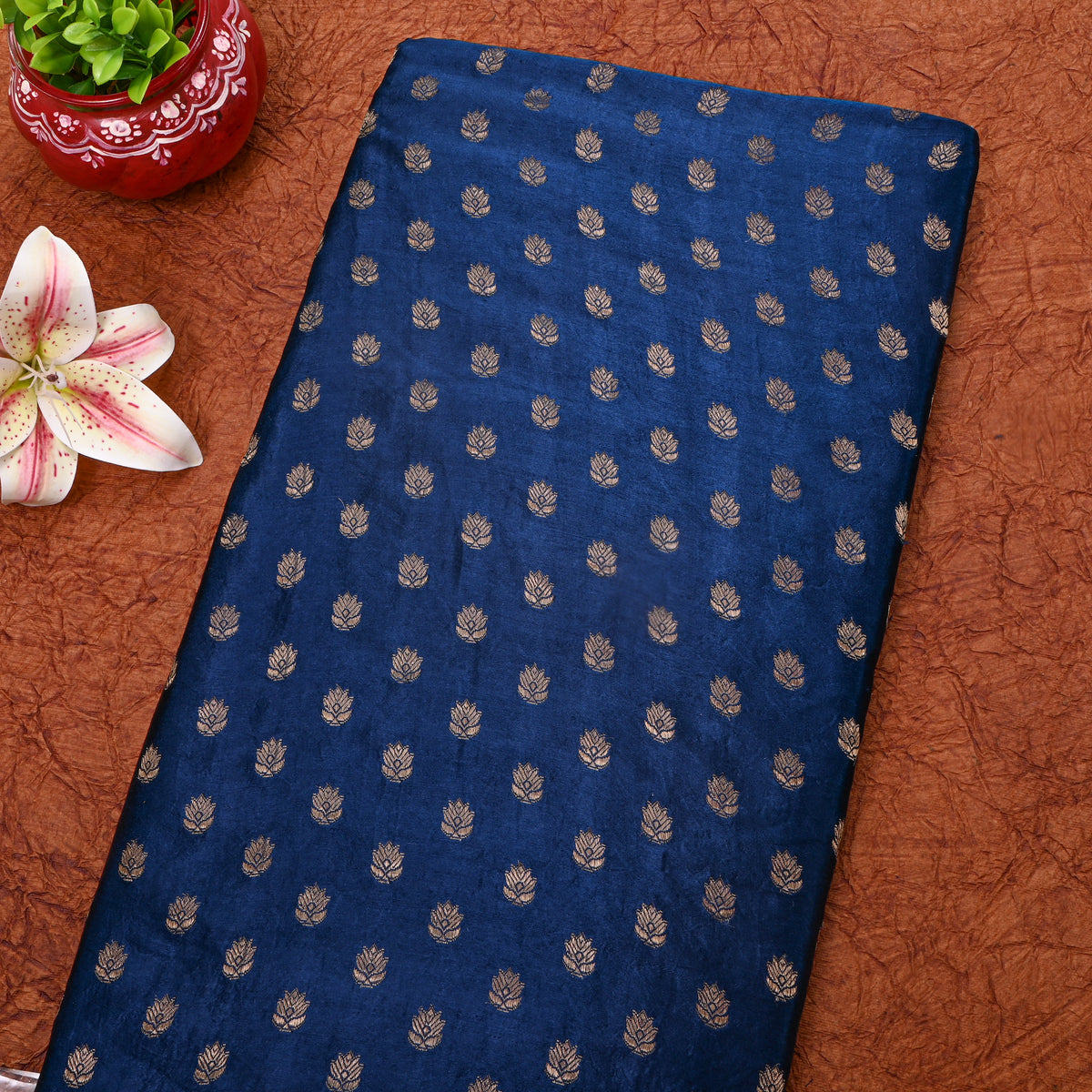 Navy Gold ZariFloral Butti Jamawar Silk Fabric