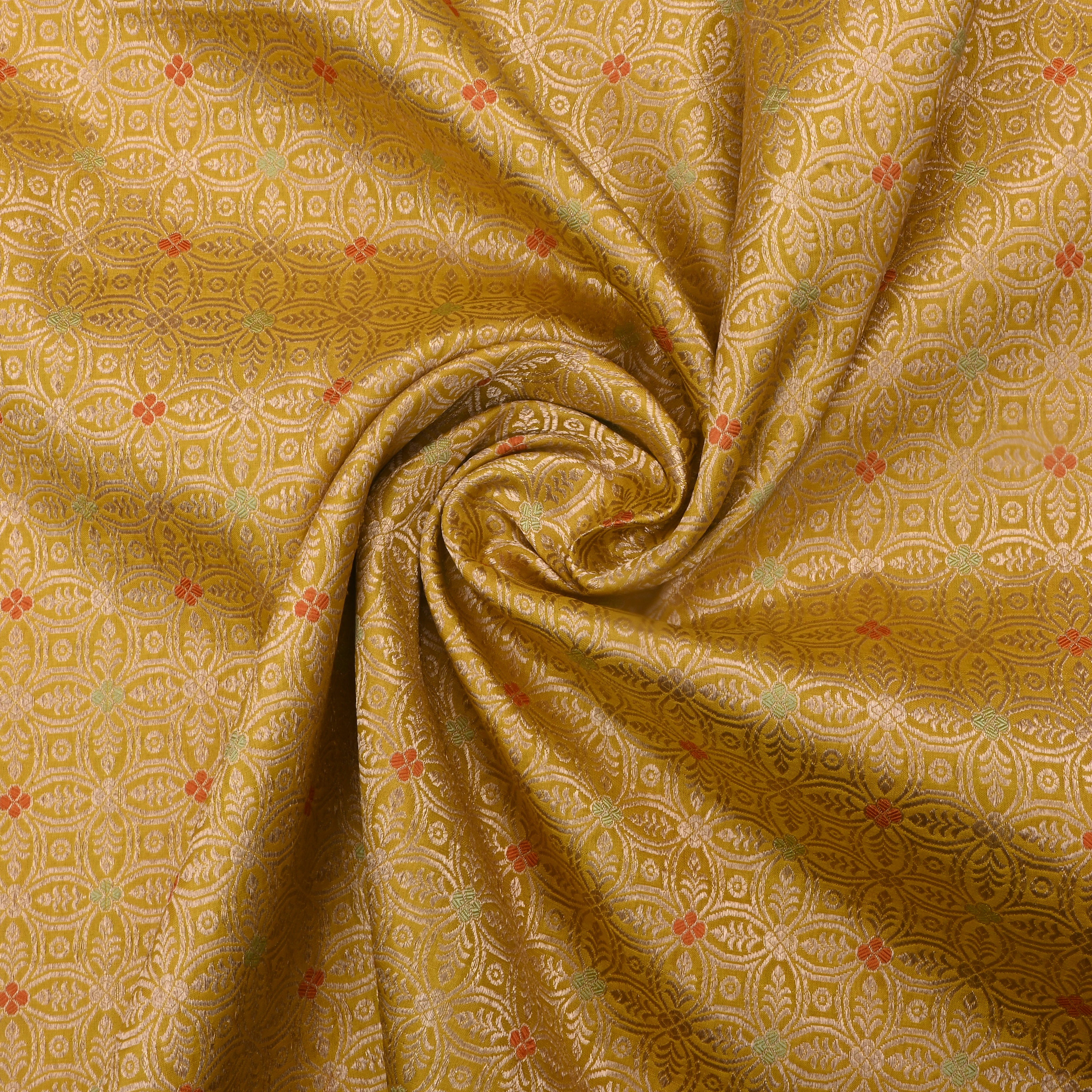 Satin Sheen Gold Jamawar Silk Fabric With Floral Design