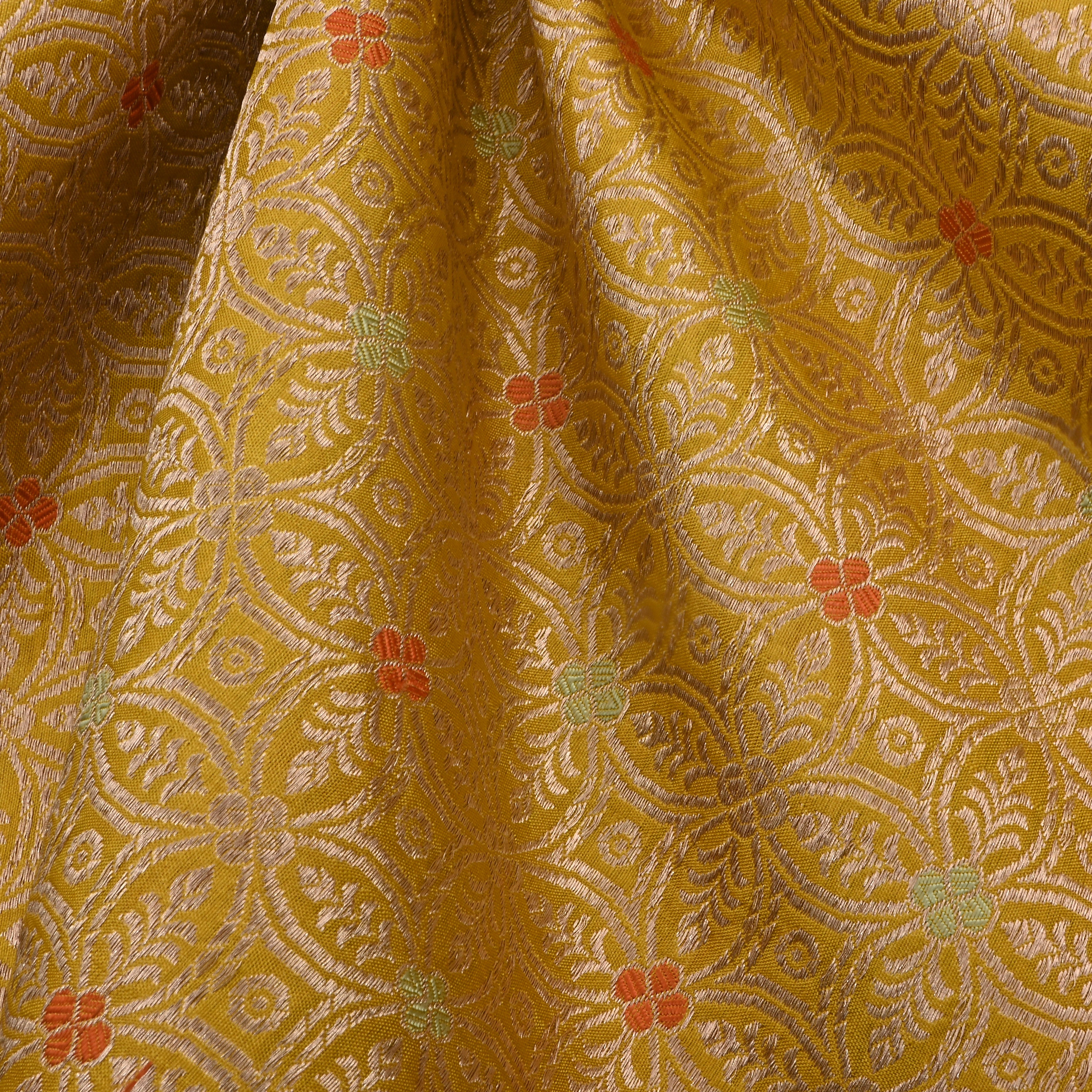 Satin Sheen Gold Jamawar Silk Fabric With Floral Design