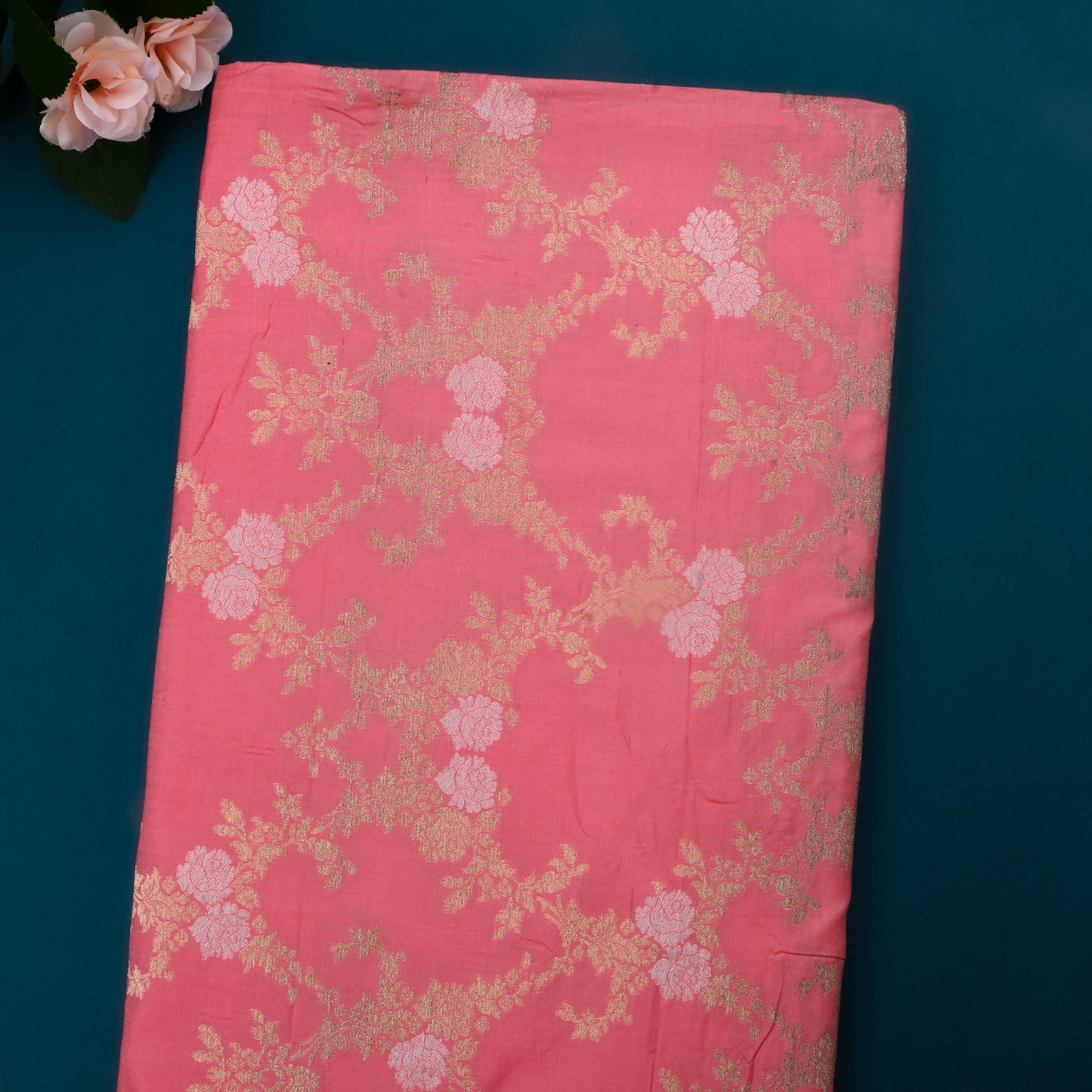 Light Carmine Pink Jamawar Silk Fabric With Floral Jaal