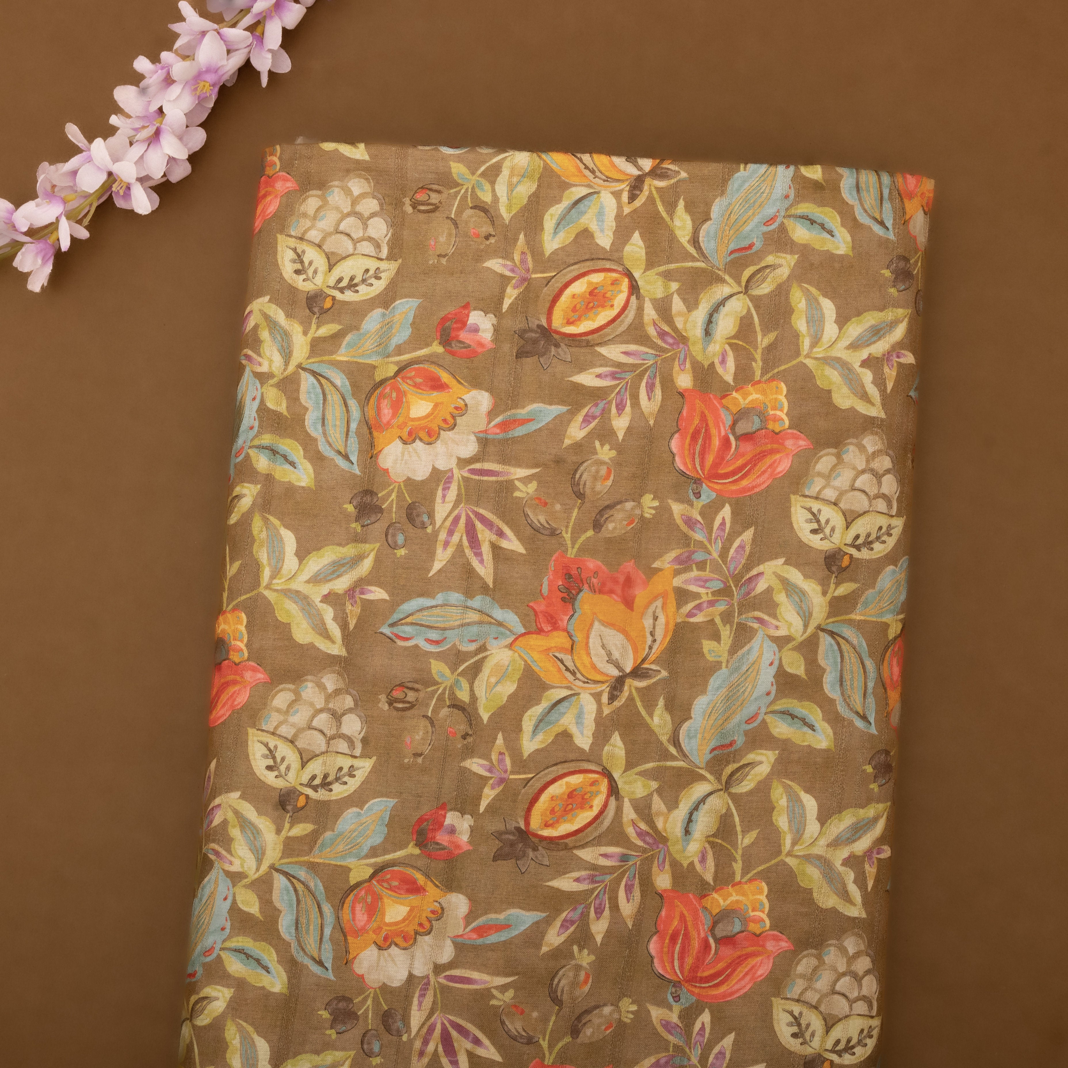 Sand Yellow Tussar Fabric With Floral Prints