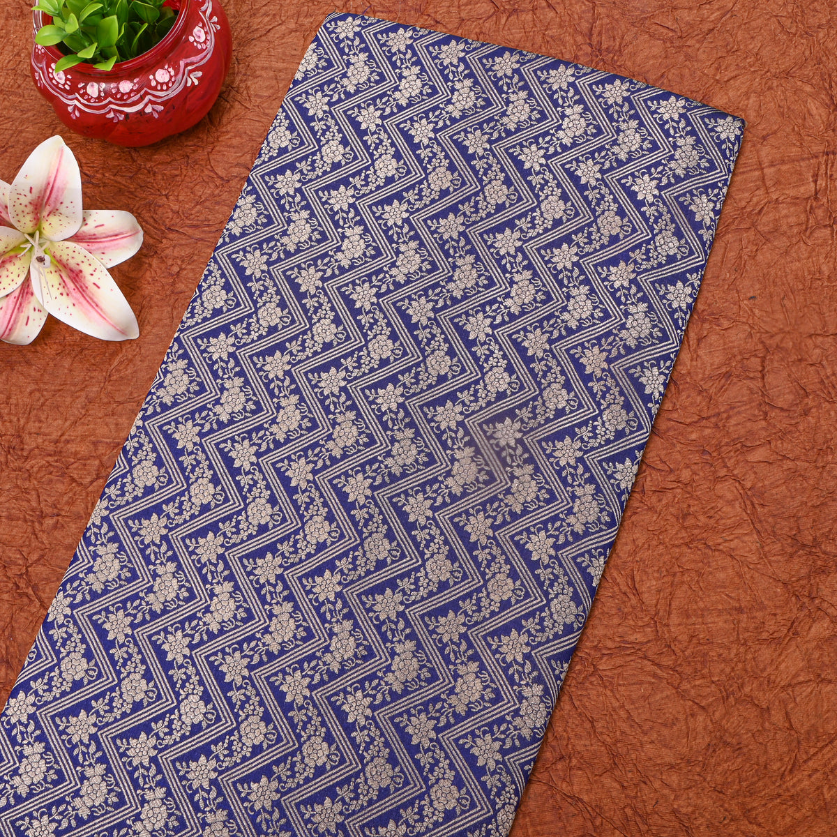 Blue Gold Zig Zag Zari Weave Jamawar Silk Fabric
