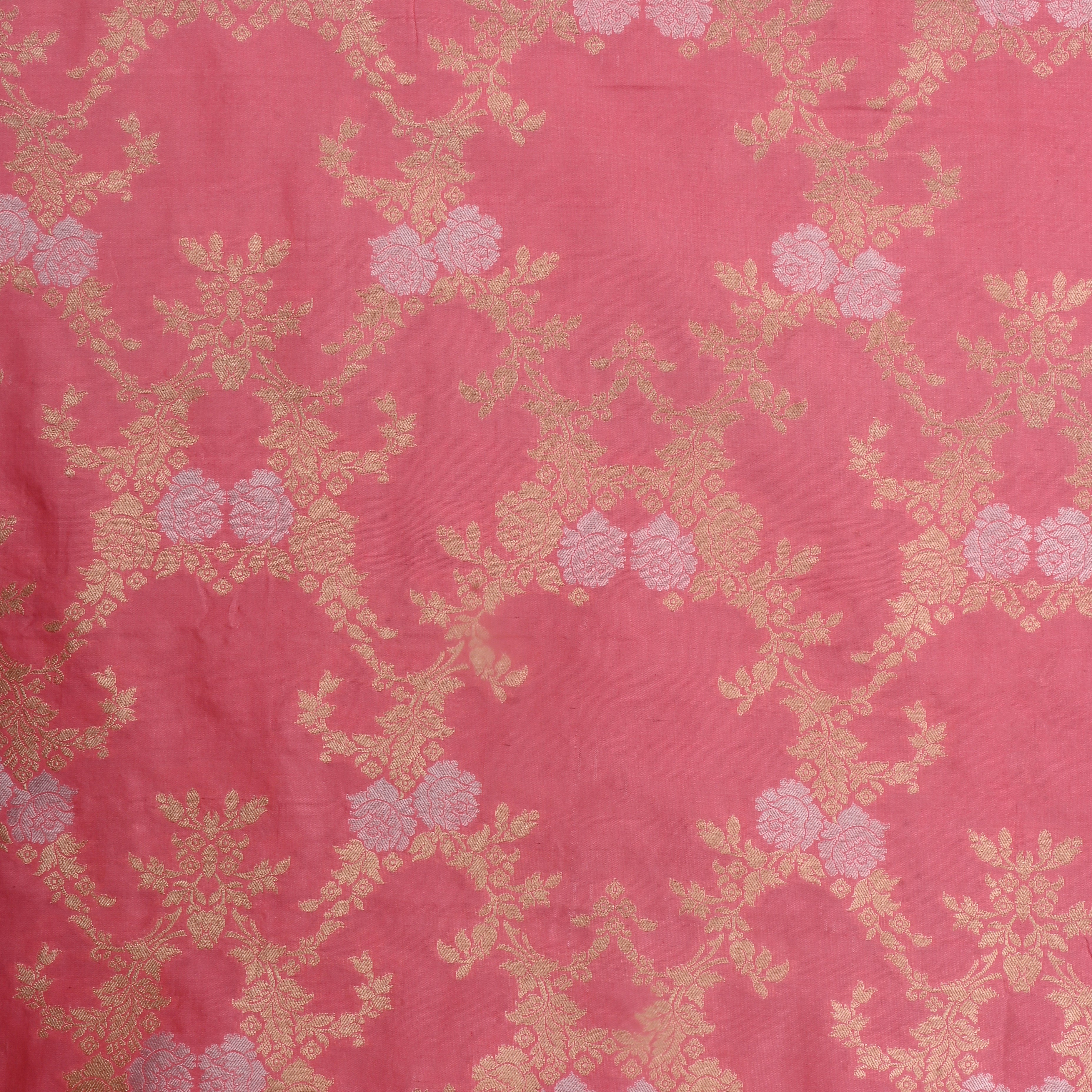 Light Carmine Pink Jamawar Silk Fabric With Floral Jaal