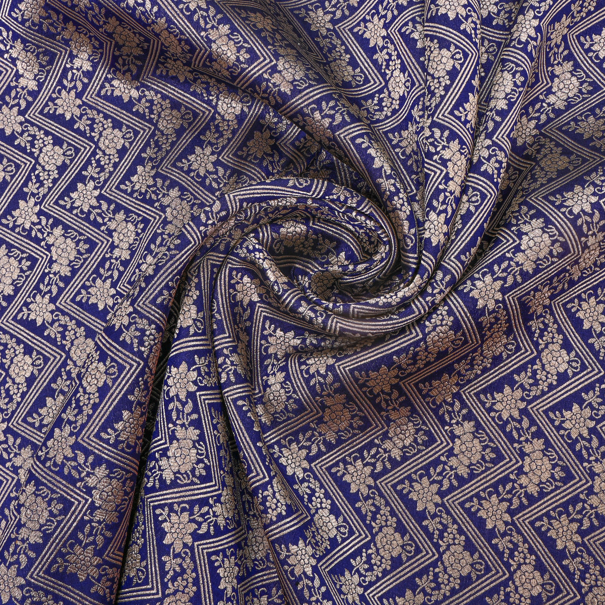 Blue Gold Zig Zag Zari Weave Jamawar Silk Fabric