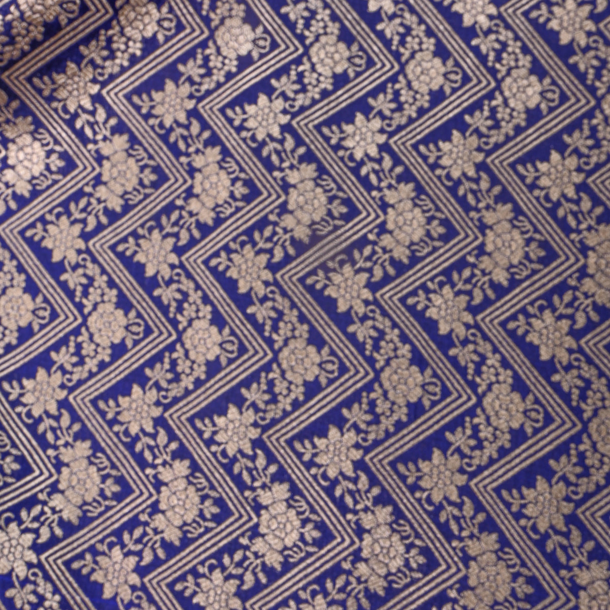 Blue Gold Zig Zag Zari Weave Jamawar Silk Fabric
