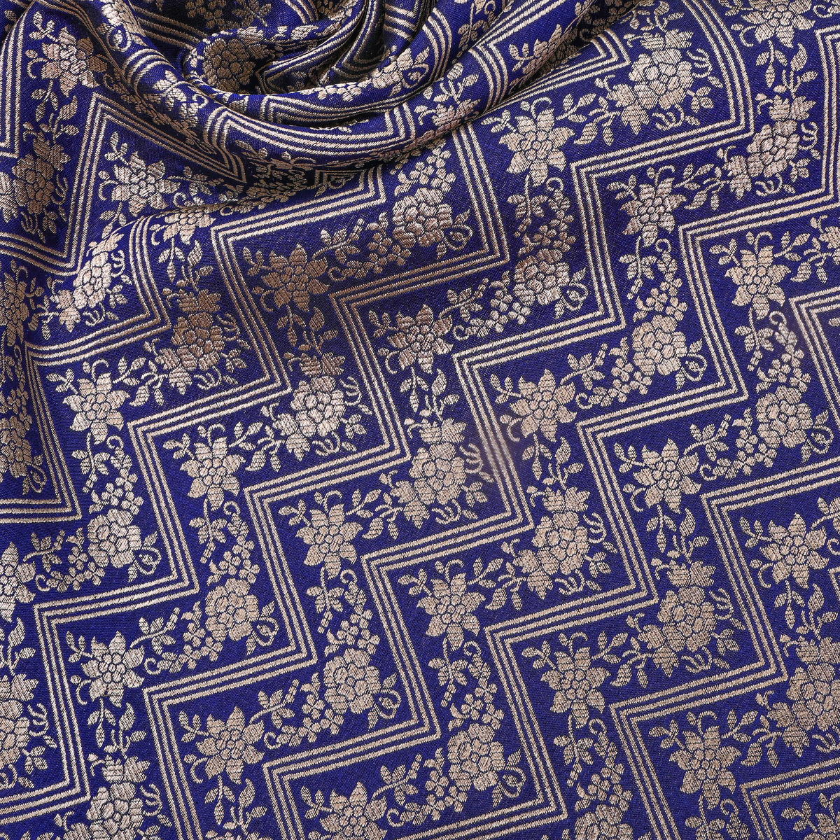 Blue Gold Zig Zag Zari Weave Jamawar Silk Fabric