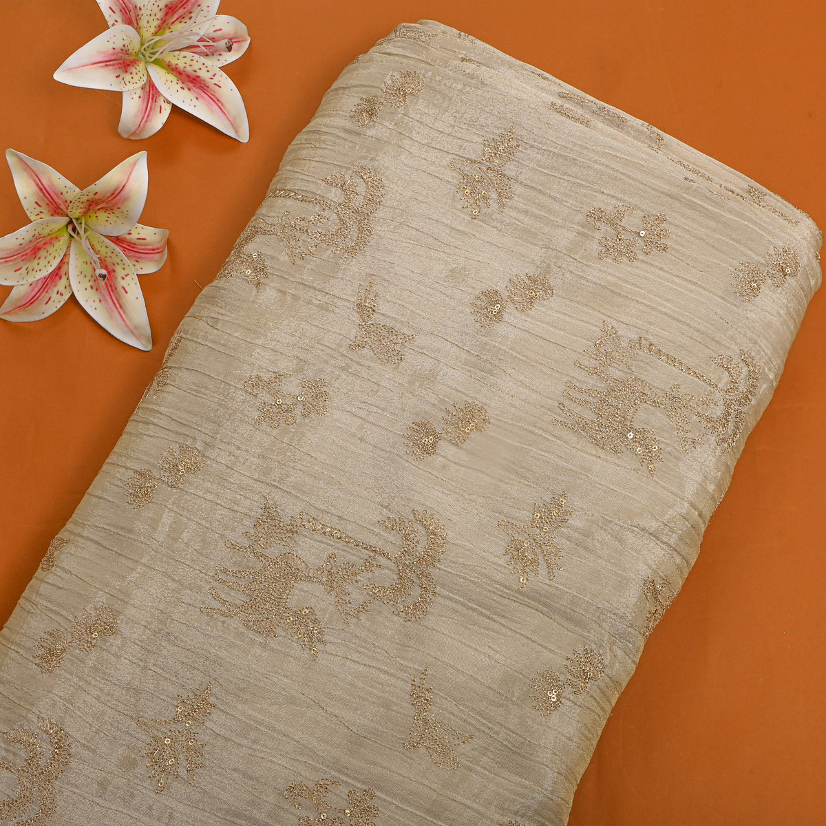 Golden Bagie Shikargah Embroidery Tissue Fabric