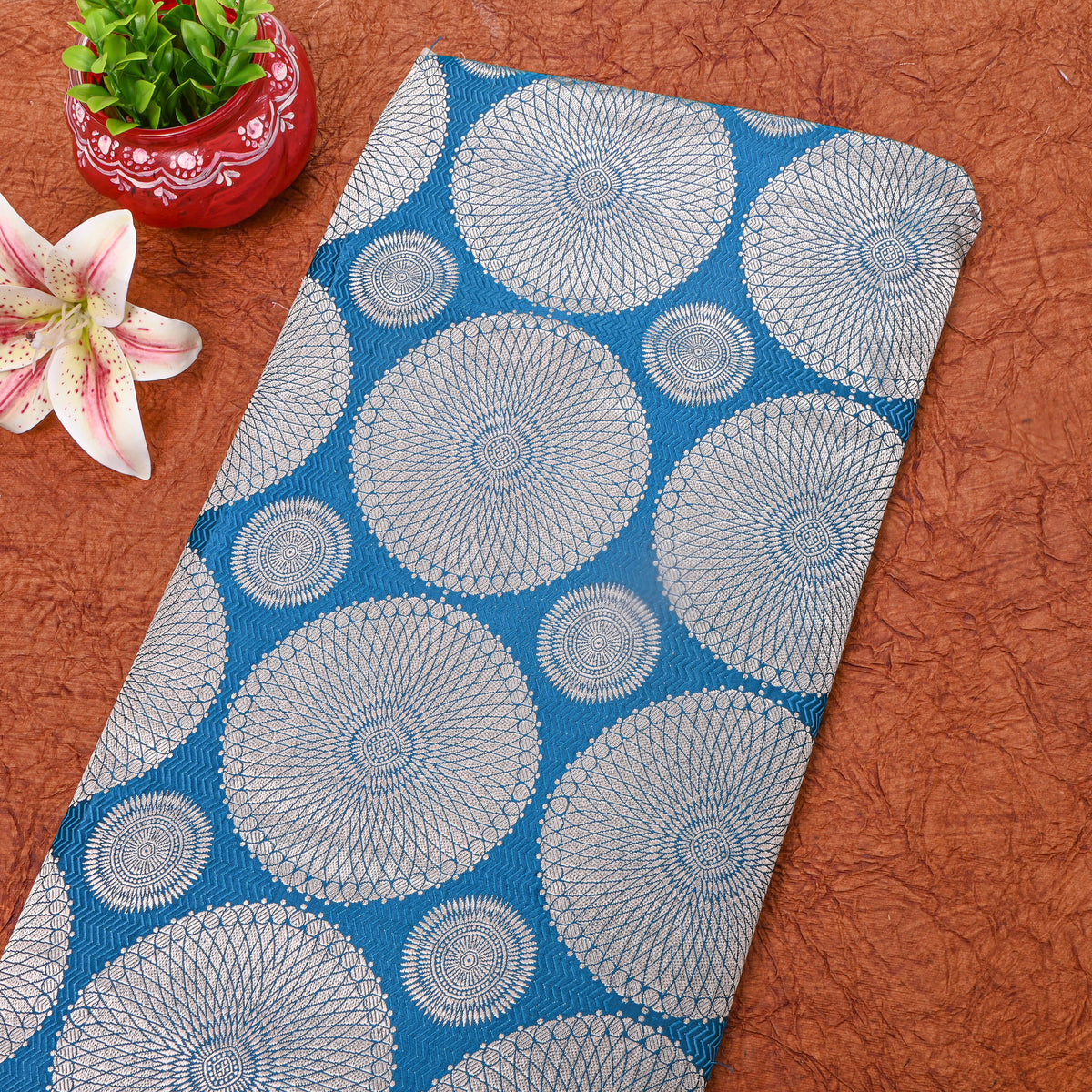 Ocean Blue Silver Zari Circle Weave Jamawar Silk Fabric
