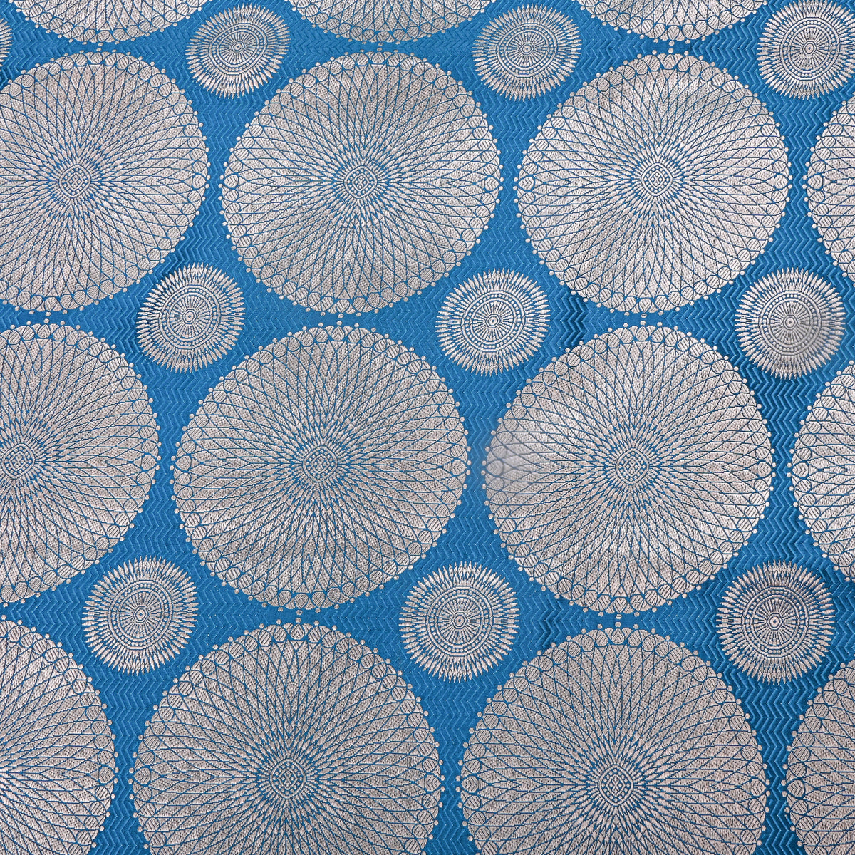 Ocean Blue Silver Zari Circle Weave Jamawar Silk Fabric