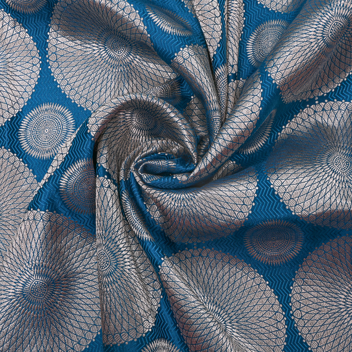 Ocean Blue Silver Zari Circle Weave Jamawar Silk Fabric