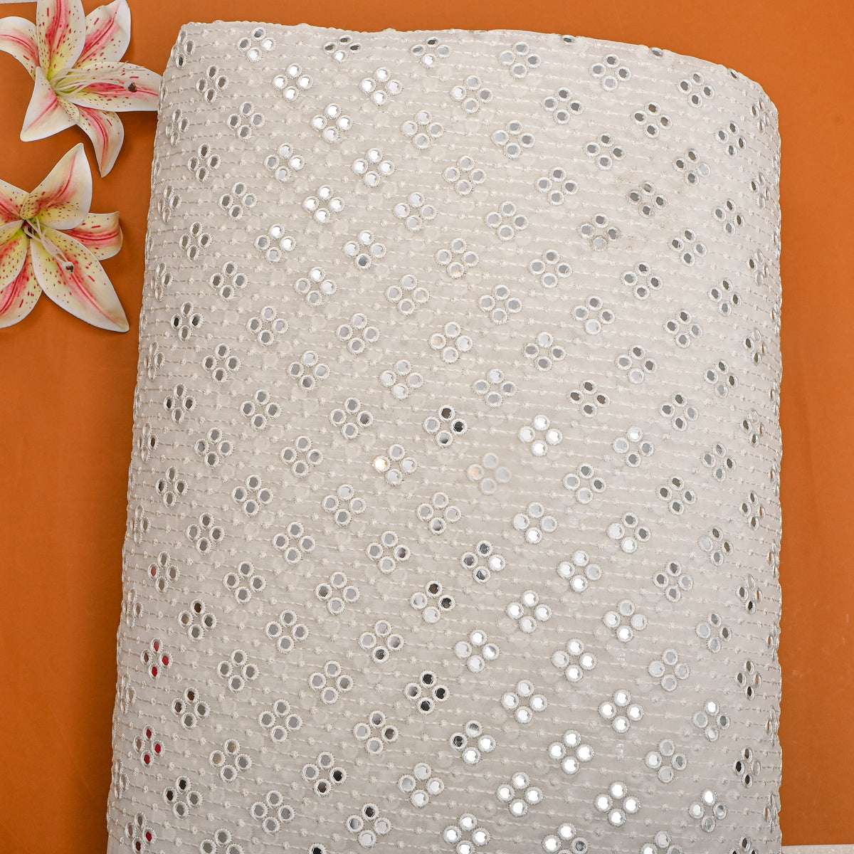 White Geometric Mirror Work Georgette Fabric