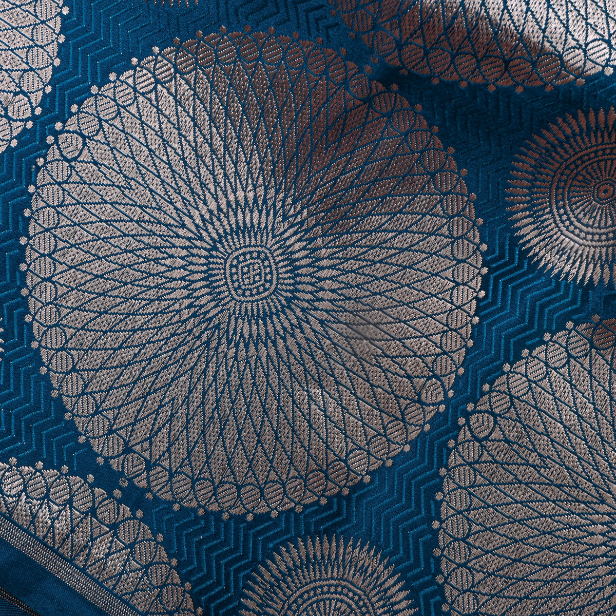 Ocean Blue Silver Zari Circle Weave Jamawar Silk Fabric