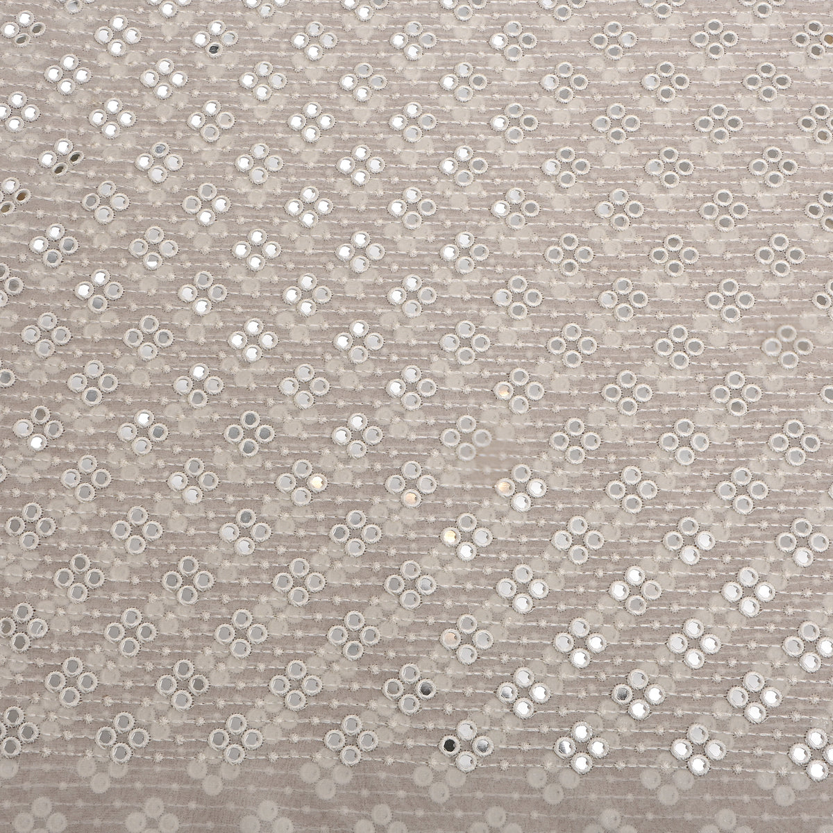 White Geometric Mirror Work Georgette Fabric