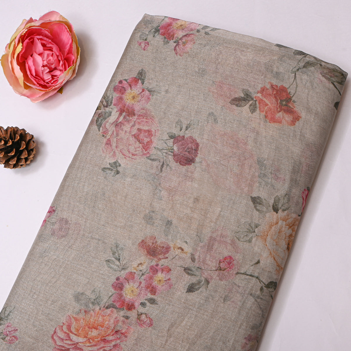 Cloud White Rose Floral Print Tissue Fabric