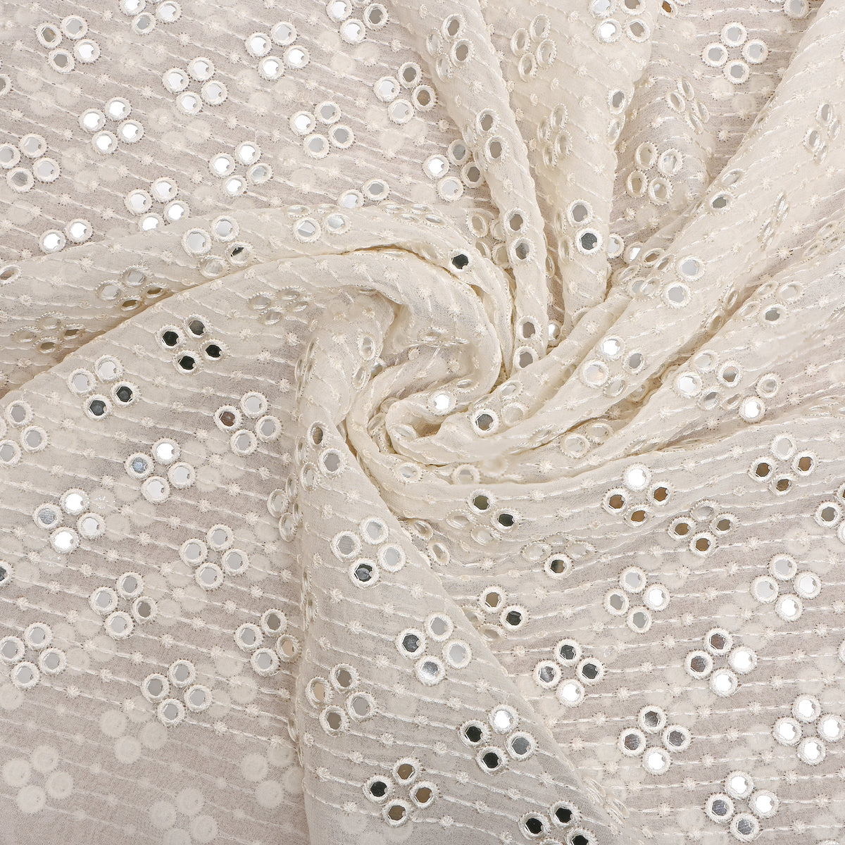 White Geometric Mirror Work Georgette Fabric
