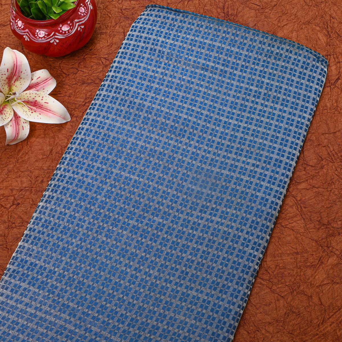 Cornflower Blue Silver Check Self Weave Jamawar Silk Fabric