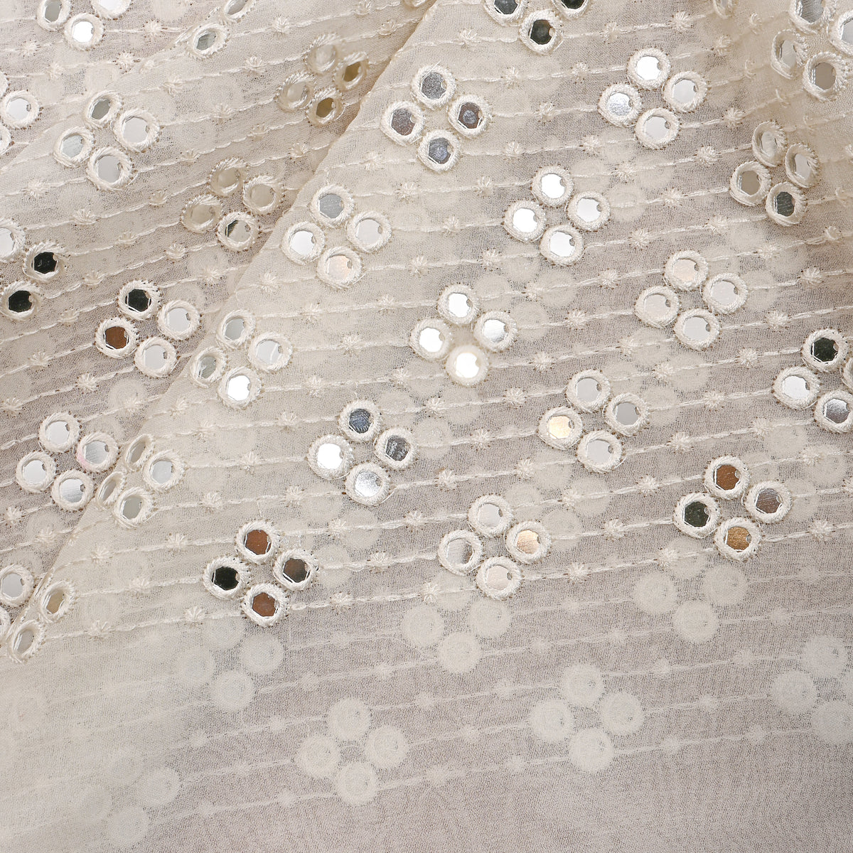 White Geometric Mirror Work Georgette Fabric