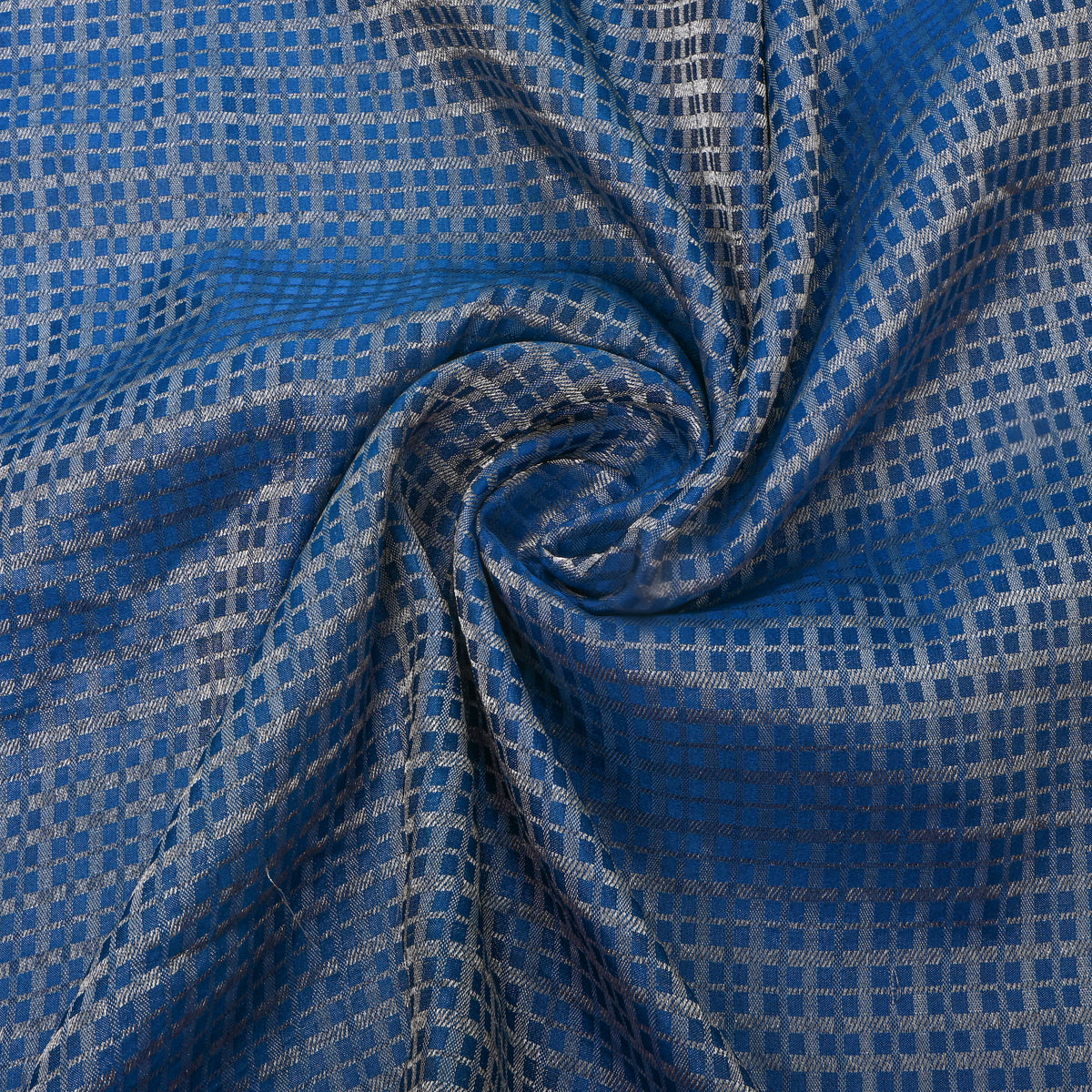 Cornflower Blue Silver Check Self Weave Jamawar Silk Fabric