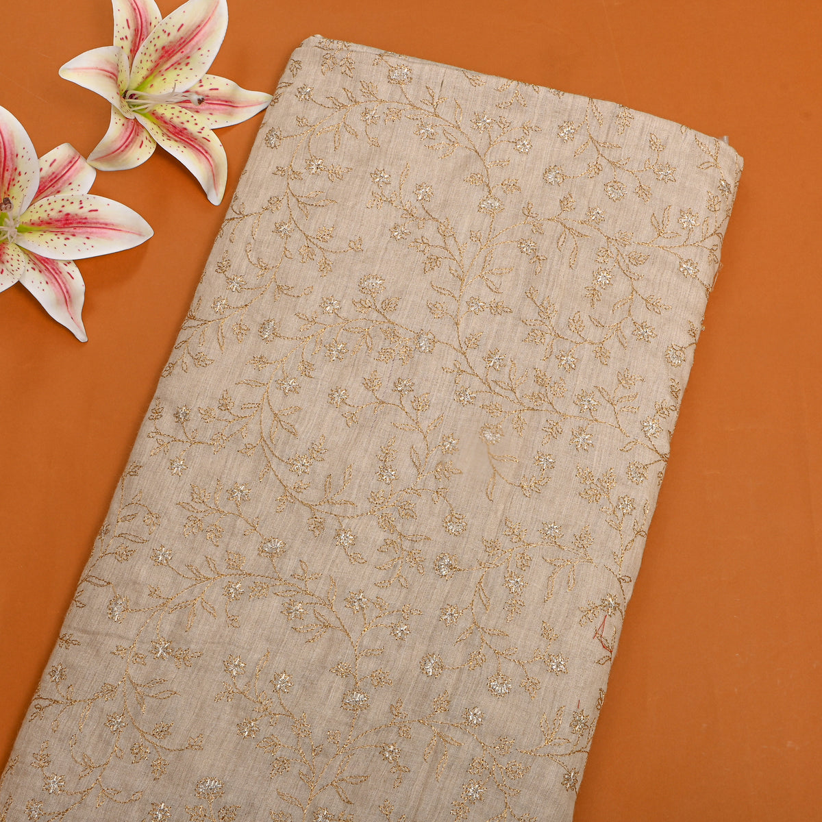 Butter Gold Zari Jaal Embroidery Tussar Silk Fabric