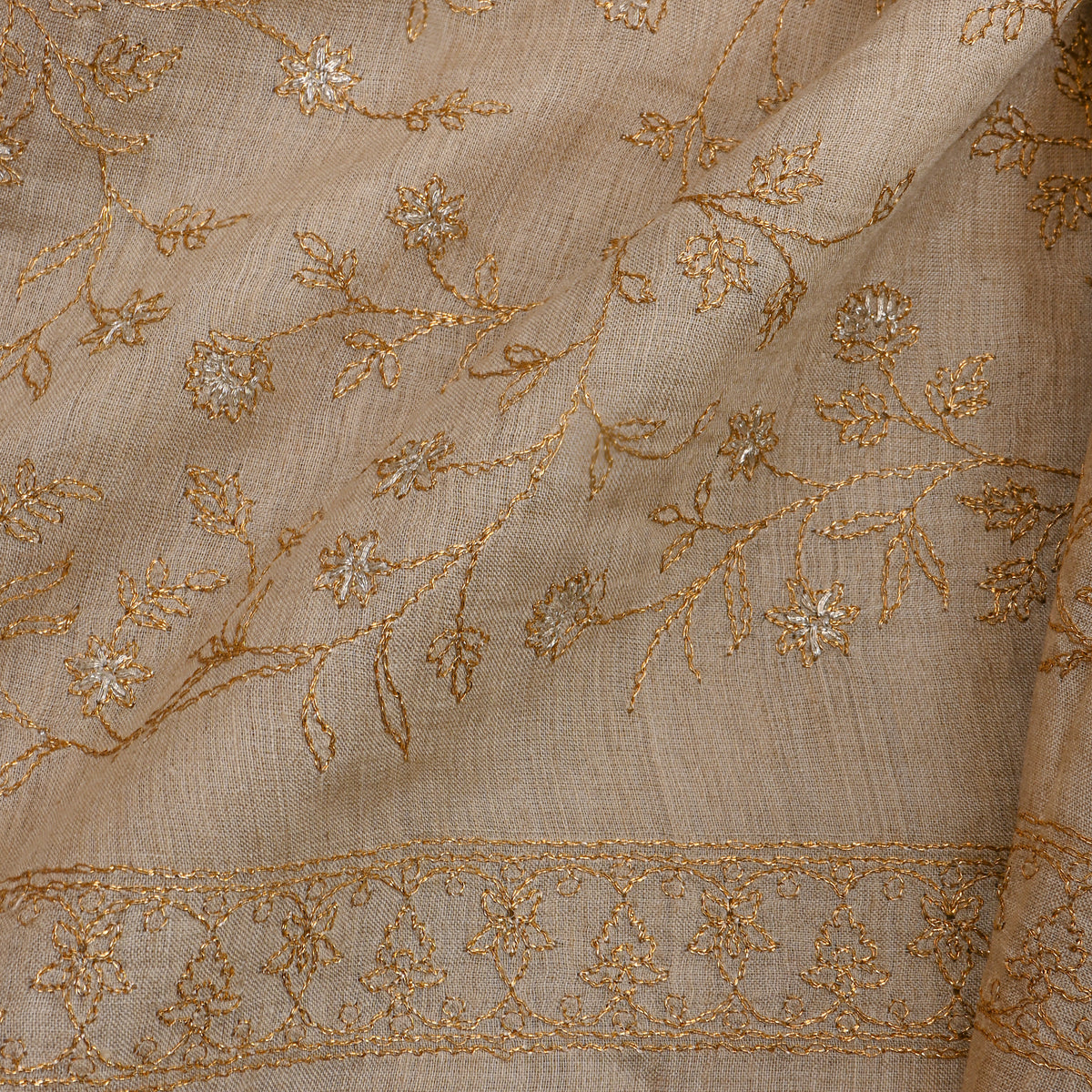 Butter Gold Zari Jaal Embroidery Tussar Silk Fabric