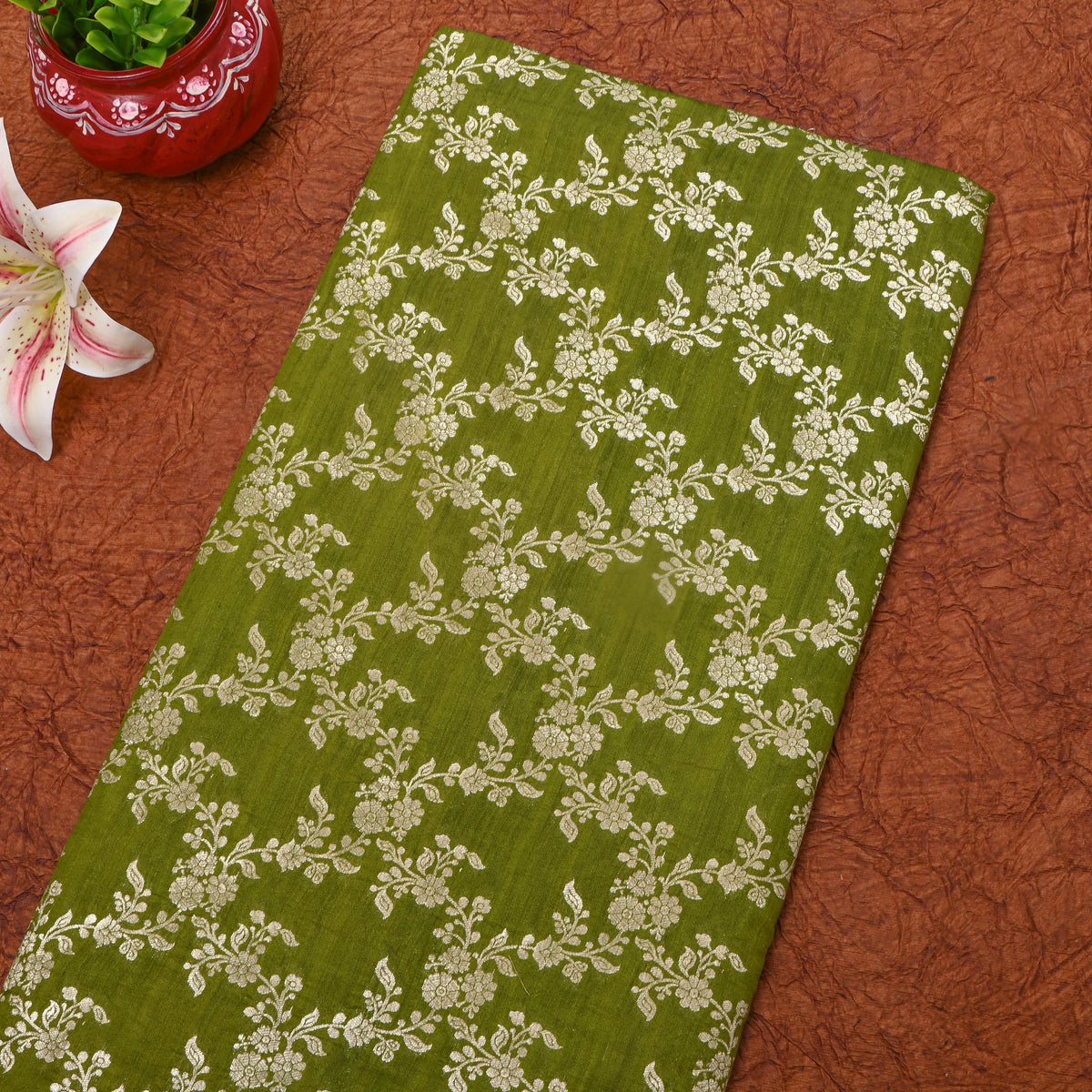 Light Sap Green Floral Checks Banarasi Silk Fabric