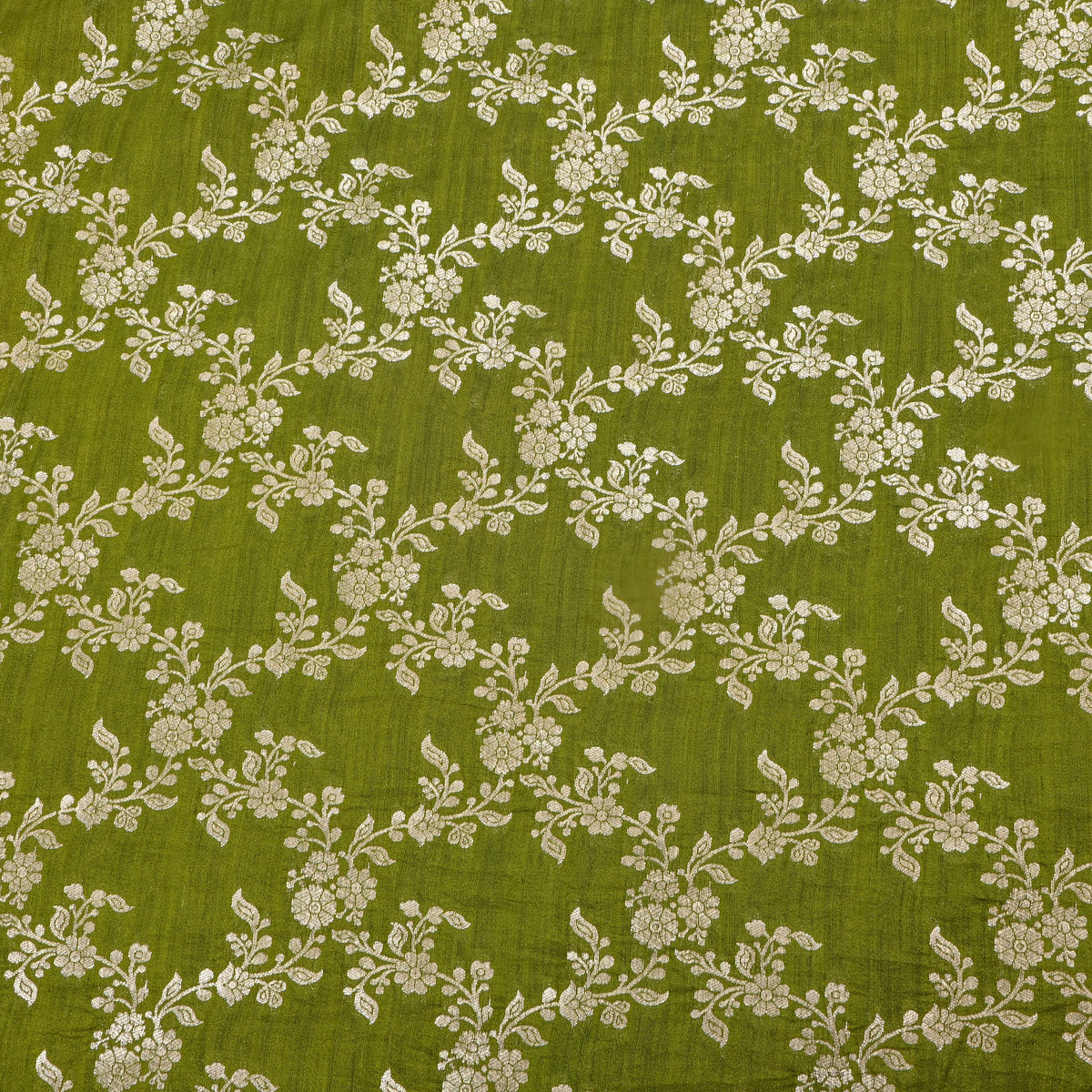 Light Sap Green Floral Checks Banarasi Silk Fabric