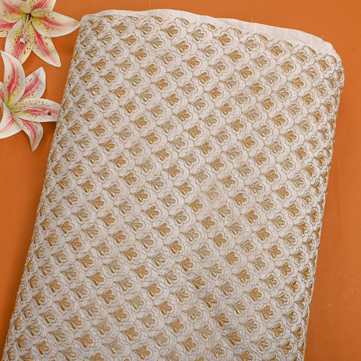 White Gold Zari Geometric Raw Silk Fabric