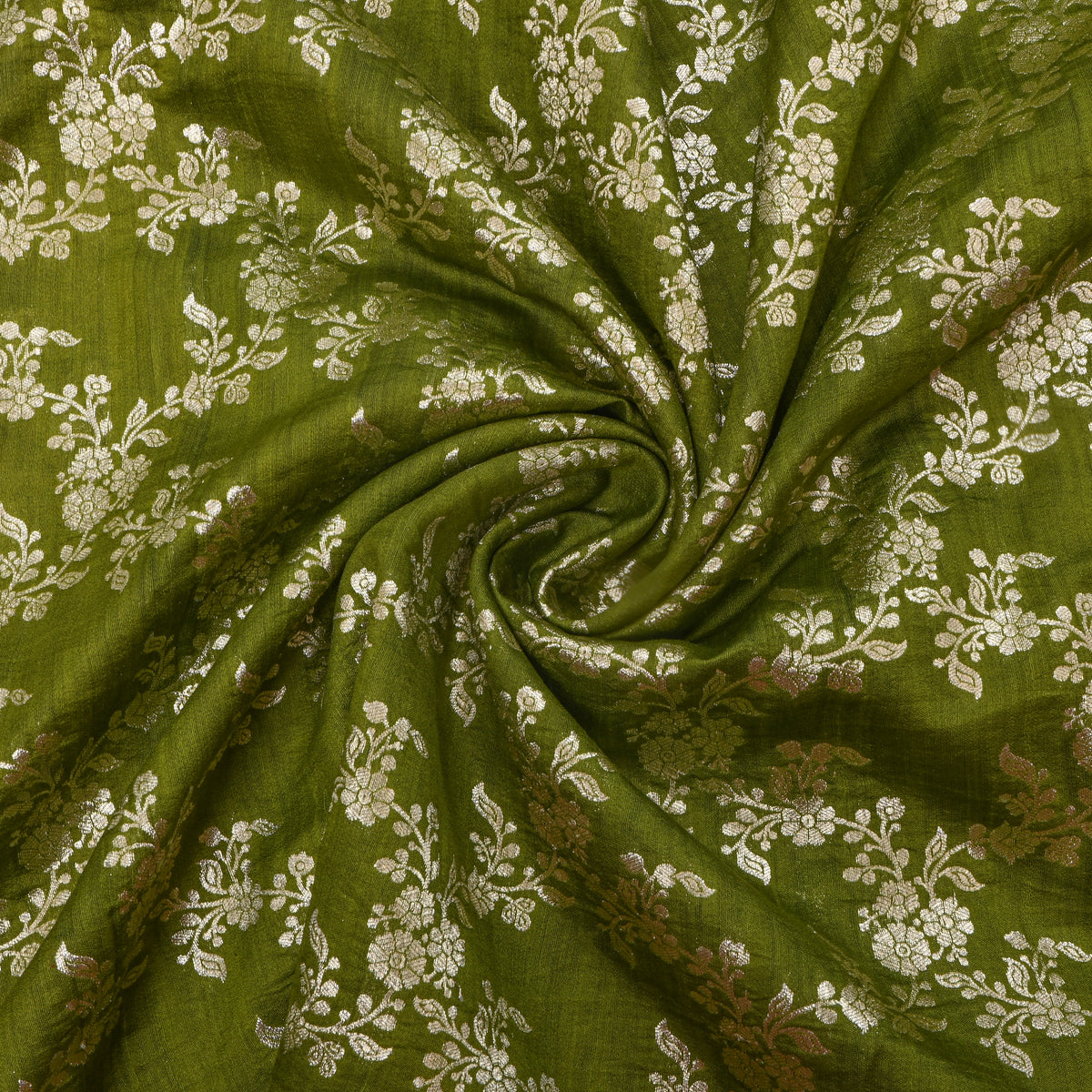 Light Sap Green Floral Checks Banarasi Silk Fabric