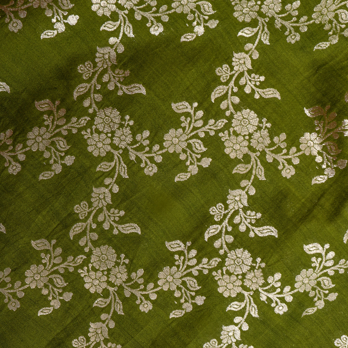 Light Sap Green Floral Checks Banarasi Silk Fabric